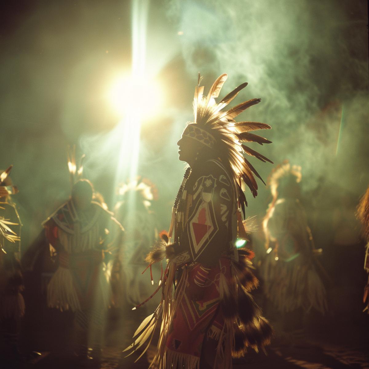 dance performance during the holiday of the North American Indian tribe. The camera is 4ked at eye level to immerse the viewer in the atmosphere of the event. The bright light penetrates the haze from the fire, creating mysterious shadows on the faces of the dancers. Color film was used to convey the bright colors and richness of the scene