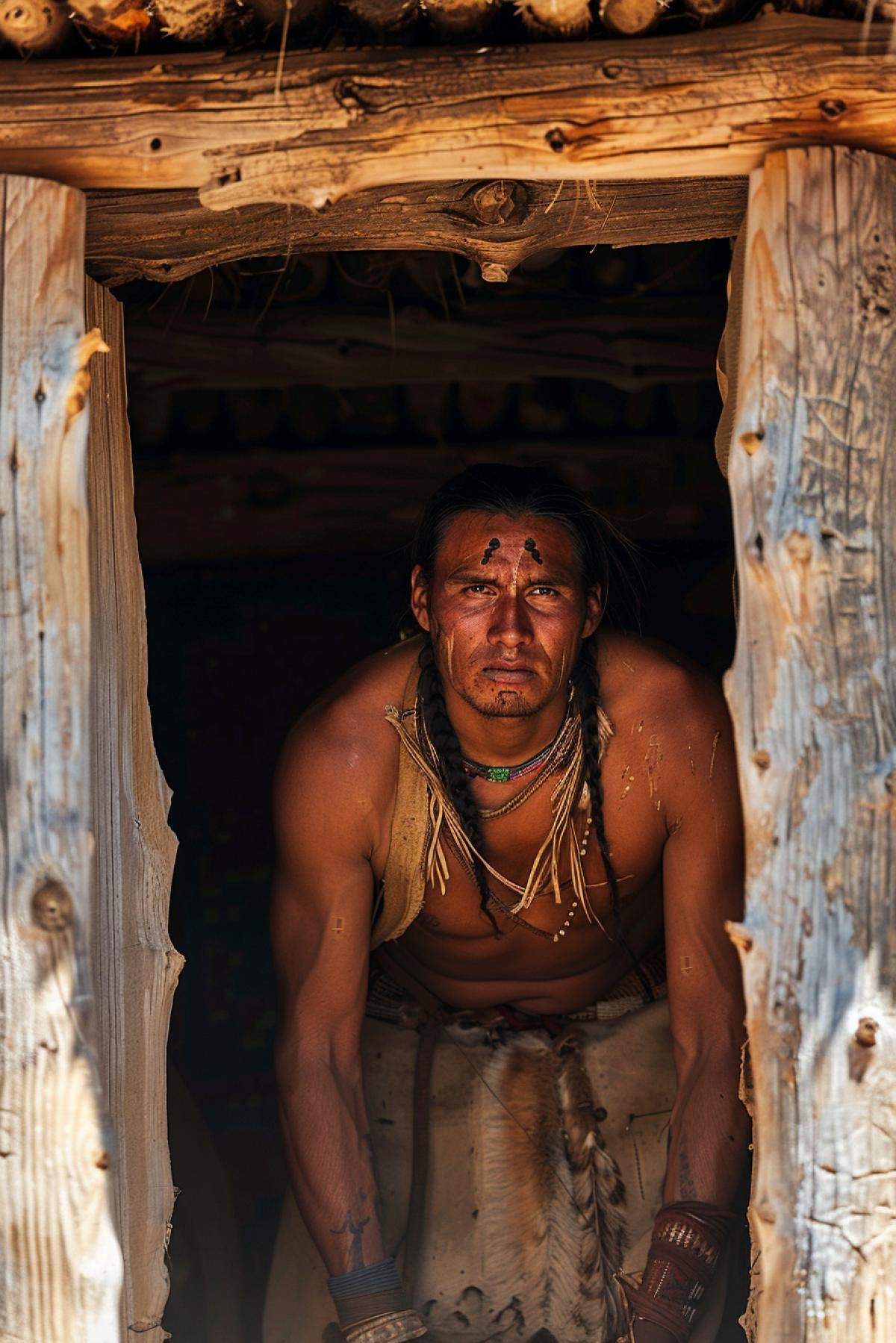 Navajo Indian warrior, ready to go hunting, standing at the entrance to his hut. The angle from above reinforces the impression of his readiness and determination. The light falls directly on his face, emphasizing his strength and confidence