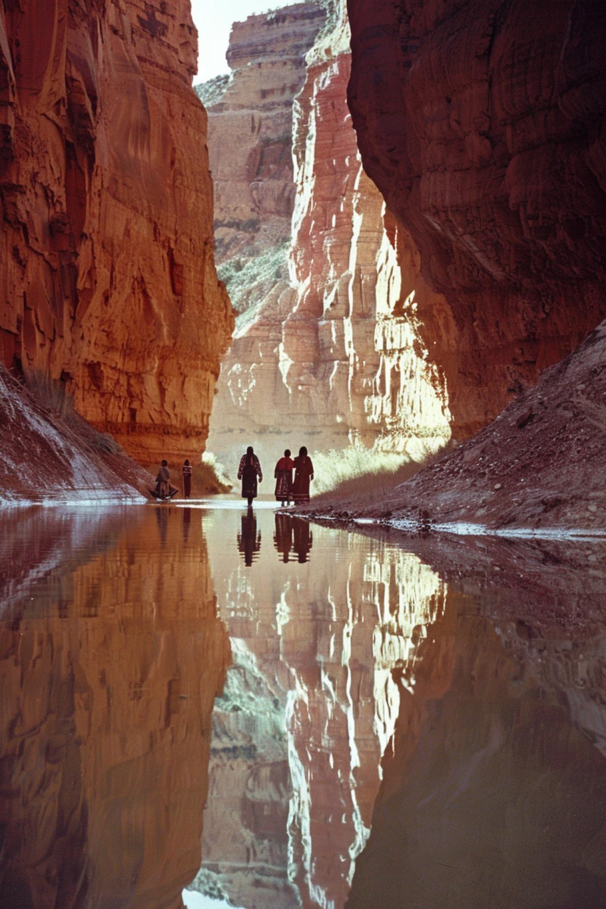 Navajo Indians stopped at a water source deep in the canyon. They are reflected in the calm water, surrounded by high walls of red sandstone. The lighting creates a play of light and shadow, making the scene look mystical. The photograph was taken on color film to convey the colors and mood of the moment.
