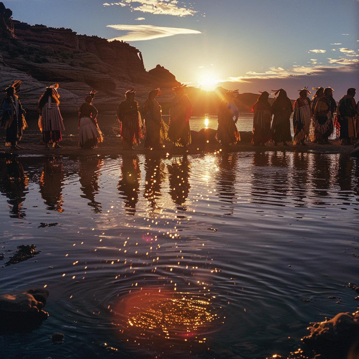 Navajo gathered at dawn before a ritual ceremony on the shore of the lake. The water splashes quietly at their feet, reflecting the first rays of the sun. Circular lighting creates an atmosphere of mystery and beautifulness around them. The photograph was taken on color film to convey the warmth and magic of the morning.