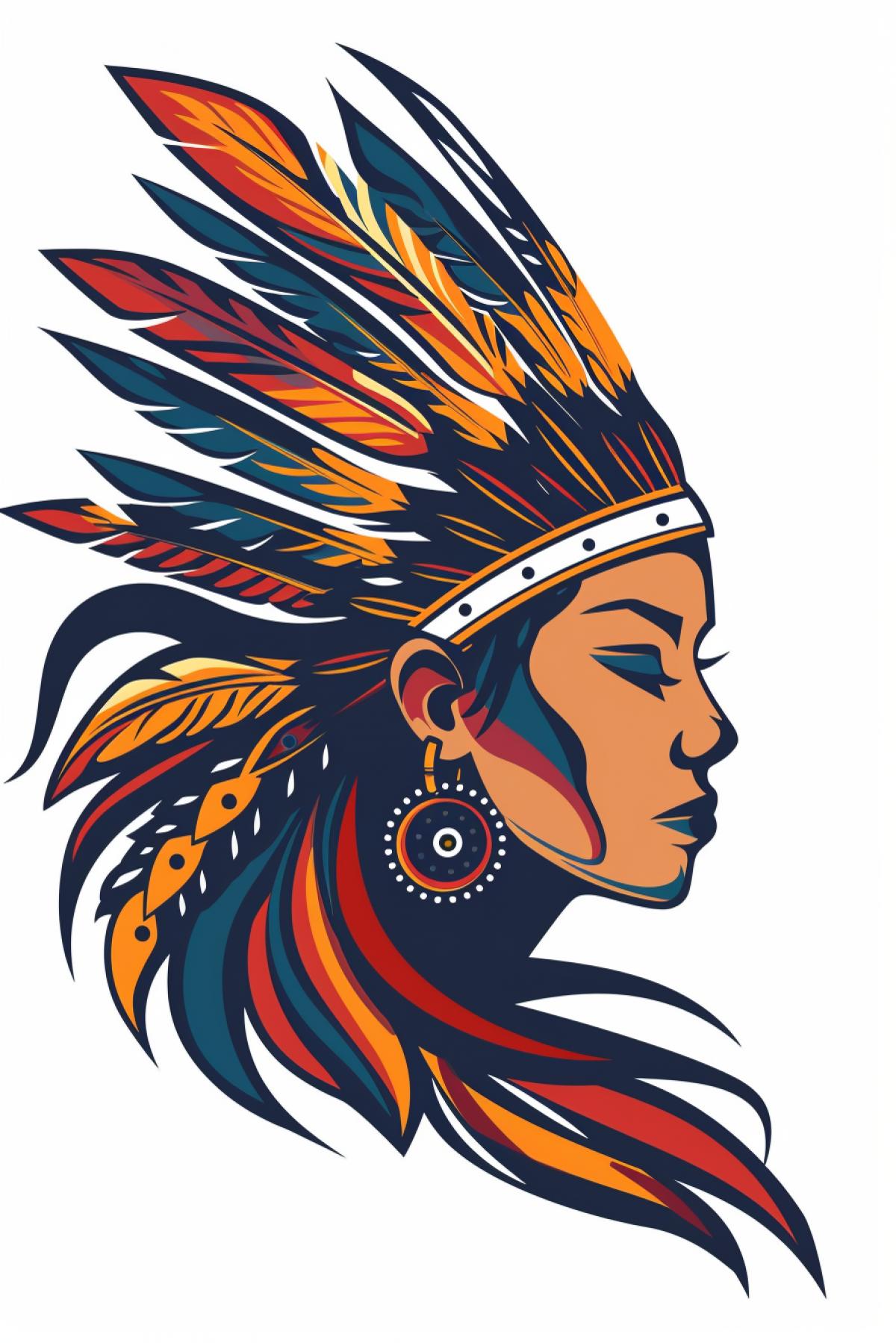 an icon mascot logo of an upper body native indian girl head, sharp clean dark vector lines, triadic Flat color, isolated on white