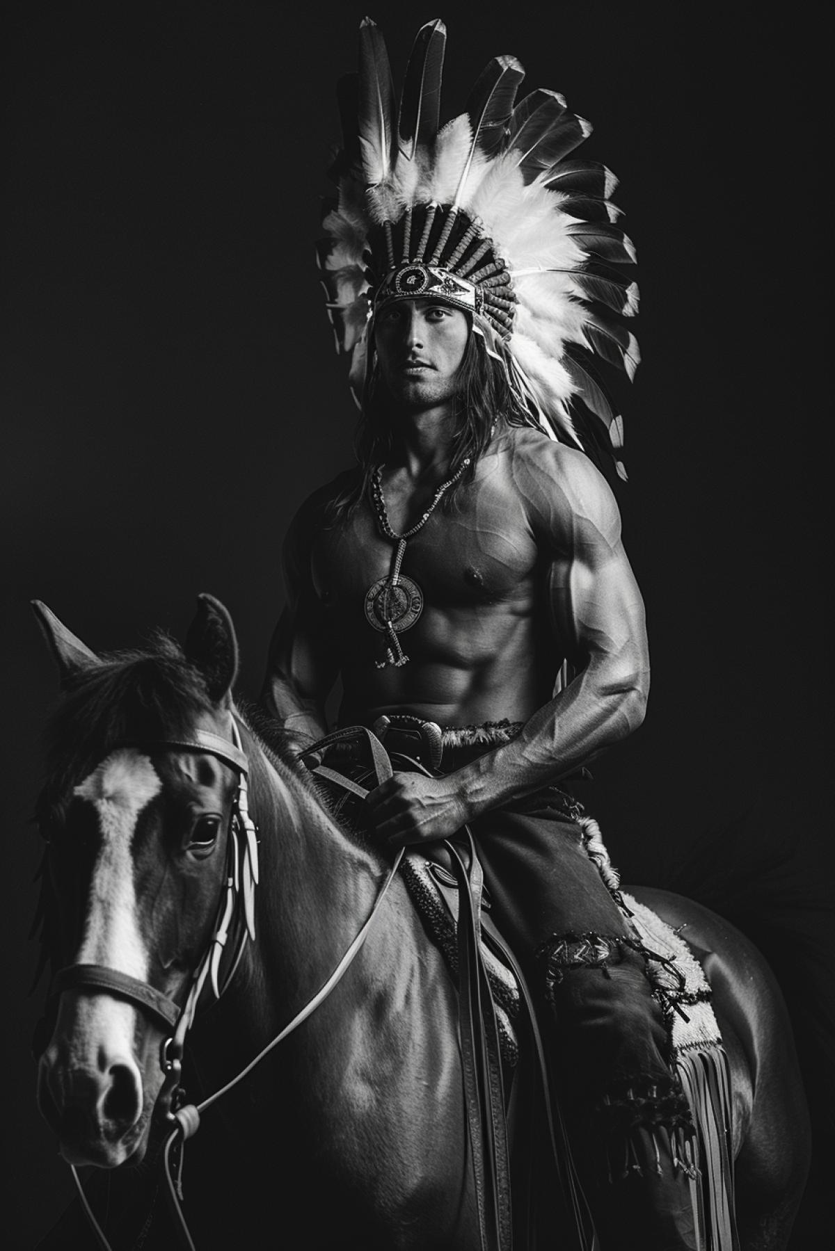 4k dark and white photograph of an attractive muscular plains indian warrior, sitting on a horse, majestic lighting, majestic 4k