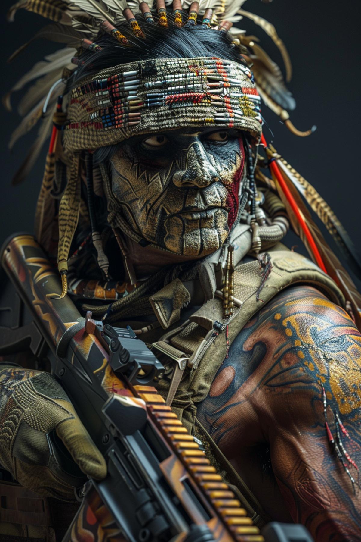 Apache indian with gun but Special Ops military colorful 8k, full body, cinematography, photorealistic, epic com4k Unreal Engine, Cinematic, Color Grading, portrait Photography, Ultra-Wide Angle, Depth of Field, hyper detailed, beautifully coded by color, insane detail, intricate detail