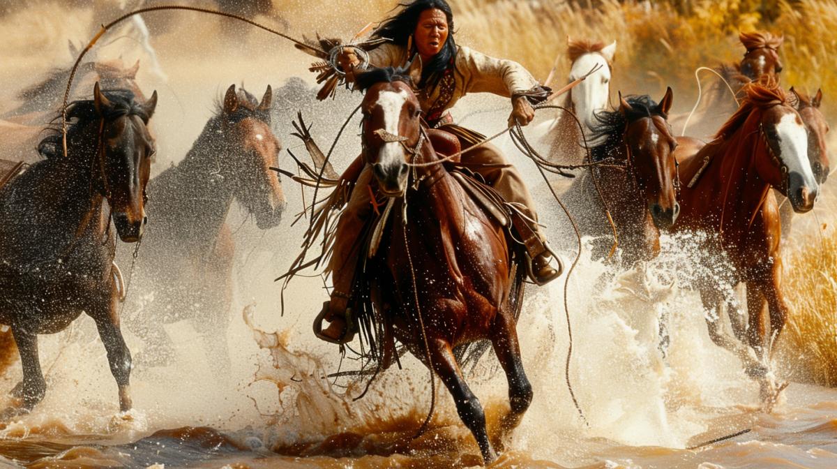 Native American catches a horse from a herd with a lasso