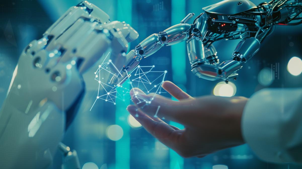 Futuristic world of humanity and biorobots, in professions and everyday life, connection and implementation