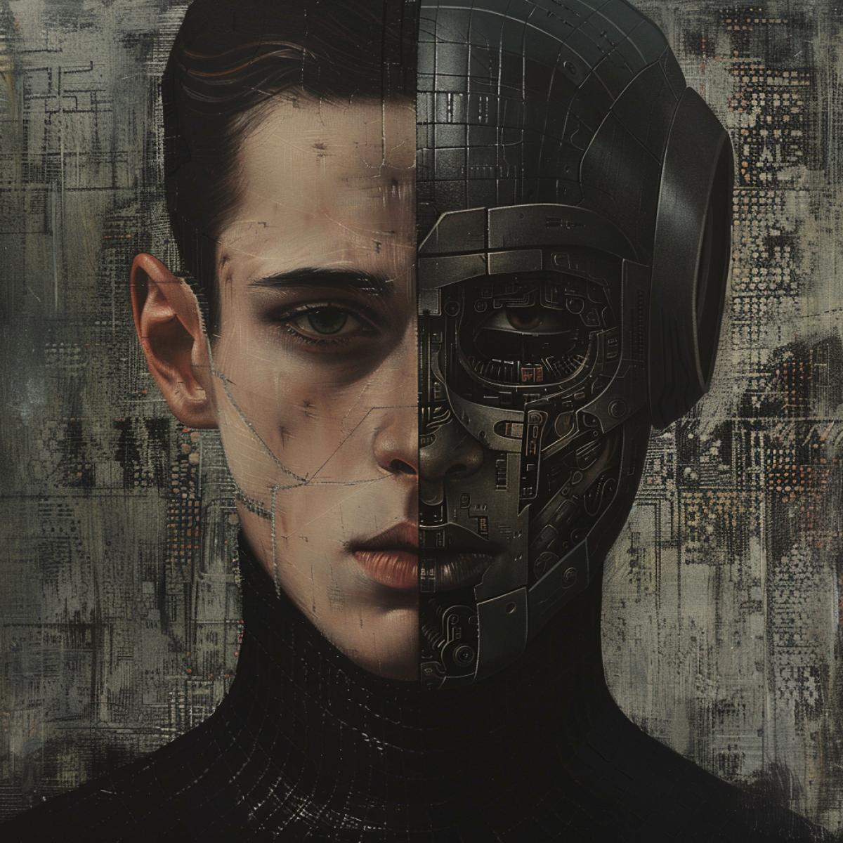 Artificial intelligence in humans, an image of young man with a robot half a head, Binary code, in the style of intense chiaroscuro portraits, in the style of cyberpunk realism, alex gross, automatic drawing, anatoly metlan, poster, romaine brooks disfigured forms, precisionist, metalcore