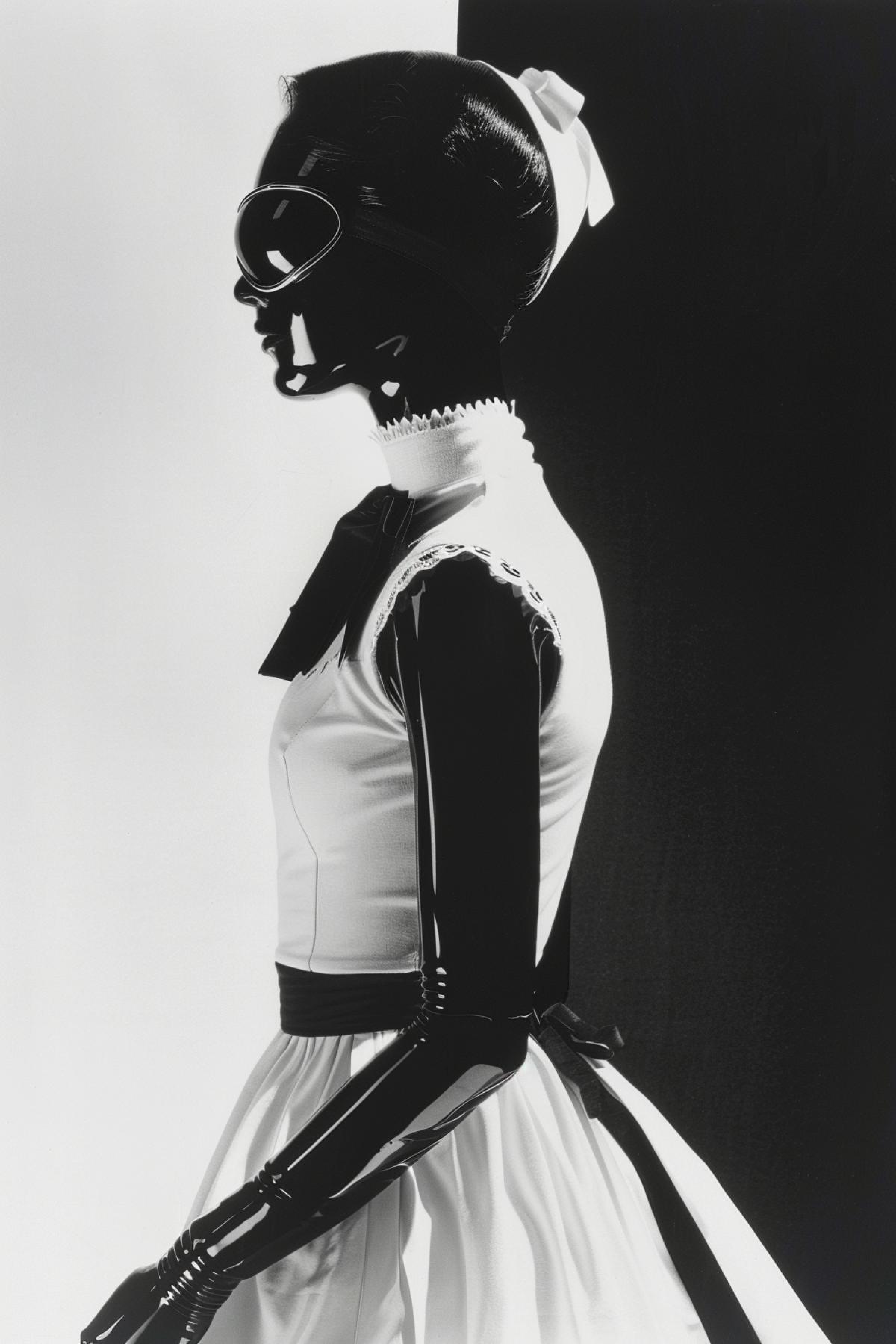 minimalism, robotic cyborg maid styled by Pierre Cardin and Dior, stark white and dark, full body, photography by Erwin Blumenfeld and Lillian Bassman