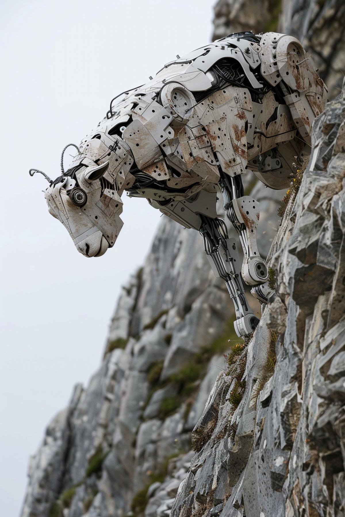A robotic cyborg sheep climbing a mountain side
