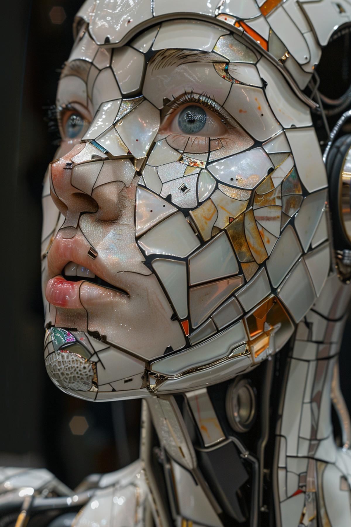 a female robotic cyborg made of ceramic and mosaic glass, close-up, 14mm f/2.8 rf, hyper-realistic pop, shiny/glossy, rtx on, wet on wet, poured, resin, meticulous detail, stunning, cinematic light, natural light, uhd, fashion photography, photography by Paul Outerbridge