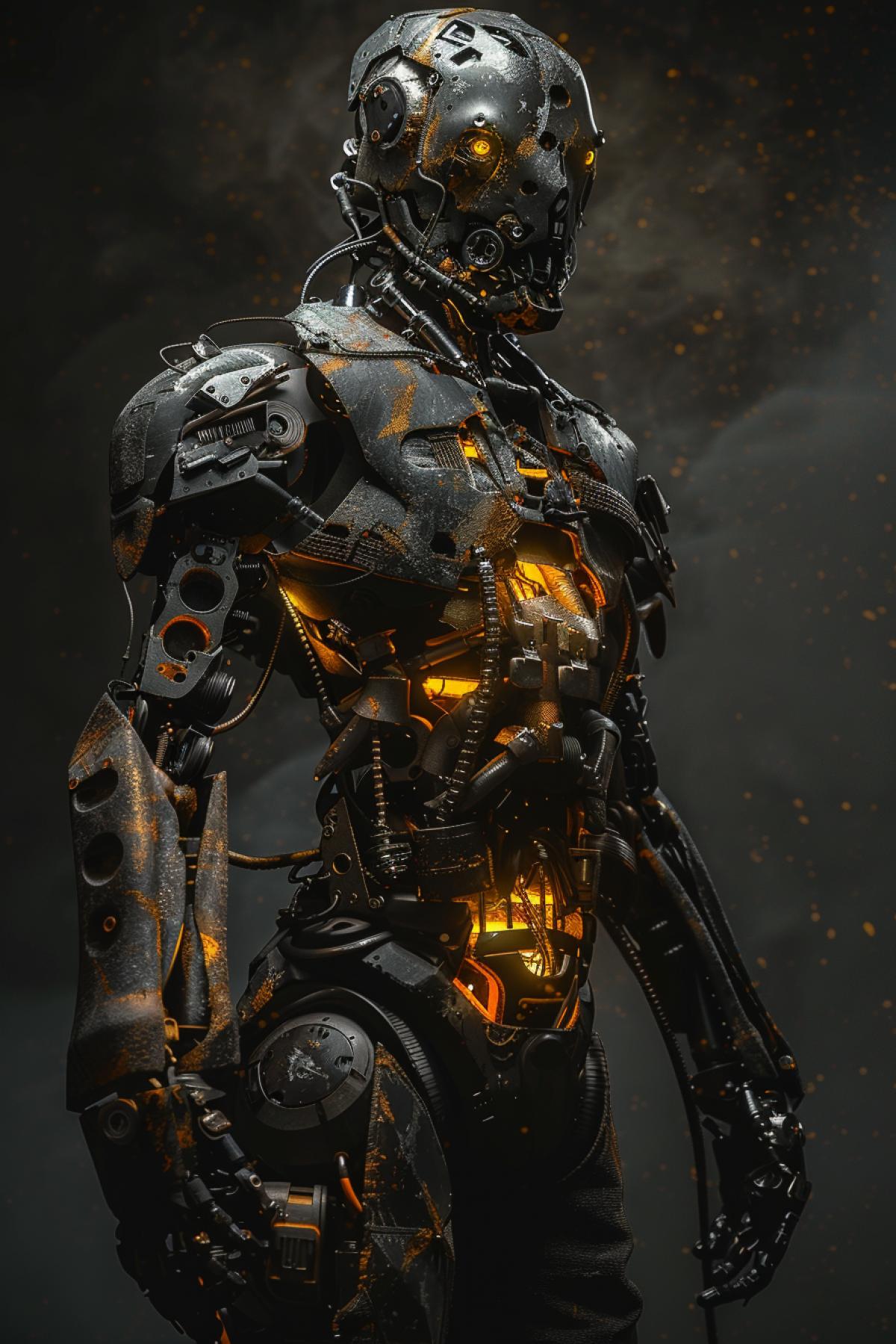 Dont go, dark, sinister, realistic, full body, dynamic 4k, stunning rendering of cyborg, post-apocalyptic, by Nick Knight, portrait, machine upper arm, machine knees highly detailed and intricate, golden ratio, glow, menacing, haunting, cinematic, cgsociety, unreal engine, Studio lighting, edge lighting