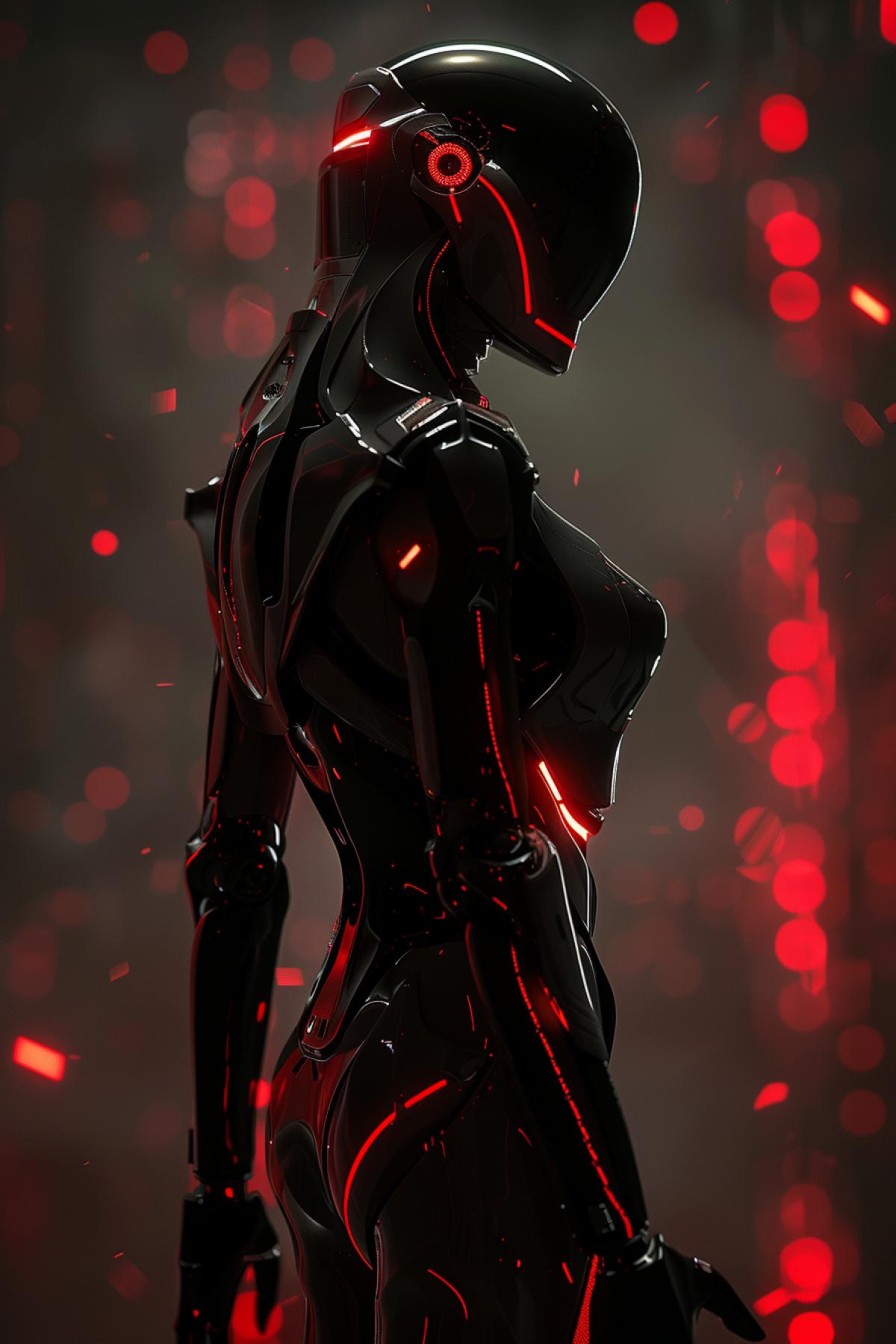 smooth onyx dark obsidian female cyborg, coolist minimalist design, exo futurism, volumetric lighting, rtx, ray tracing, in the style of crisp crimson linings