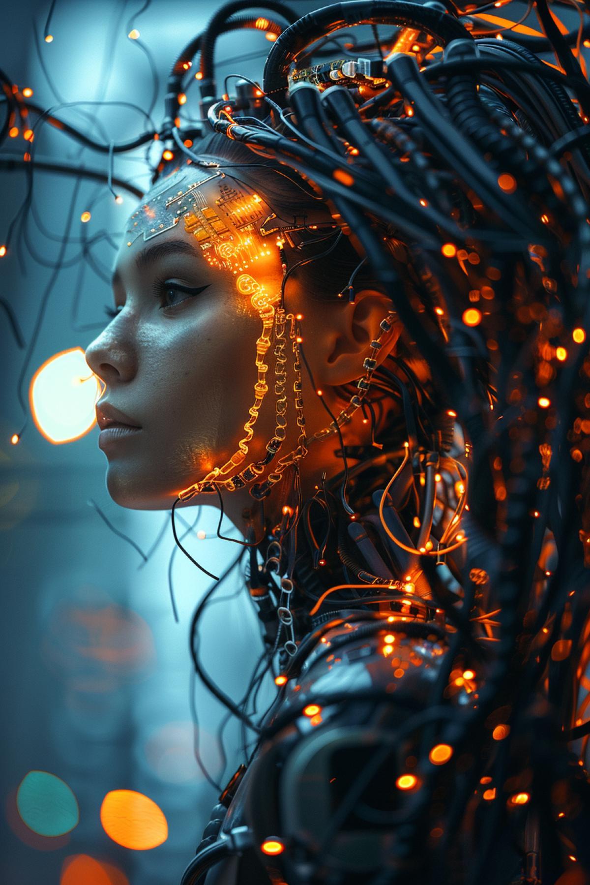 mesmerizing photograph, a captivating half-cyborg dark woman stands gracefully against a moody backdrop, her stunning, detailed hair flowing around her beautiful face. Intricate wires and connectors extend from the back of her head, luxury the seamless fusion of human and machine. Her interior glows with soft, warm orange lights, emphasizing the intricacies of her cybernetic enhancements. The medium shot captures her from the waist up, showcasing her unique two-tone shell, which embodies the perfect blend of elegance and futuristic technology. Utilizing bokeh effects to emphasize her striking features, the image delivers exceptional attention to detail and sharp focus. Shot with a Nikon D850 and an 85mm f/1.4G lens, this photograph is a breathtaking vision of what the fusion of humanity and technology might look like in the future.