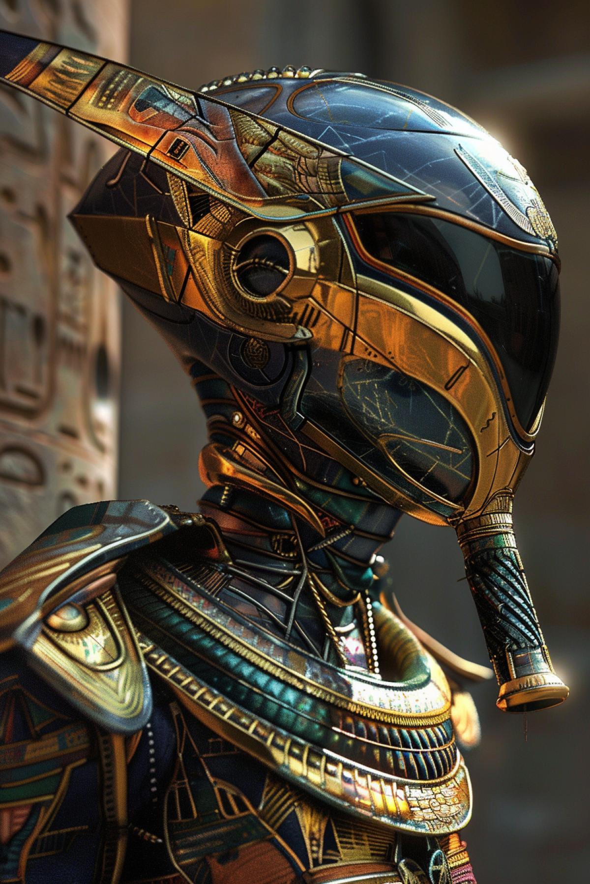 Blotterpunk Acidcore Egyptian robotic space ranger, full facial portrait, full body space ranger exosuit of nanotech-cloth and carbon fibre and spider silk, helmet inspired by Egyptian pharaohs, 4k, intricate details, highly detailed, photographic sci-fi, intricate artwork masterpiece, ominous, golden ratio, epic, Vincent Di Fate, highly detailed, vibrant, production cinematic, unreal engine, Eric-Anthony Johnson, Makoto Shinkai, Jacek Yerka, global illumination, detailed and intricate environment plain hyper-detailed ultra sharp view, sf, intricate artwork masterpiece, ominous, golden ratio, intricate, epic, highly detailed, muted sunlight, production cinematic character, ultra high quality model, oil painting, heavy strokes, trending on artstation, sharp focus, studio photo, intricate details, highly detailed, by Dao Trong Le and Mingchen Shen and Taras Susak