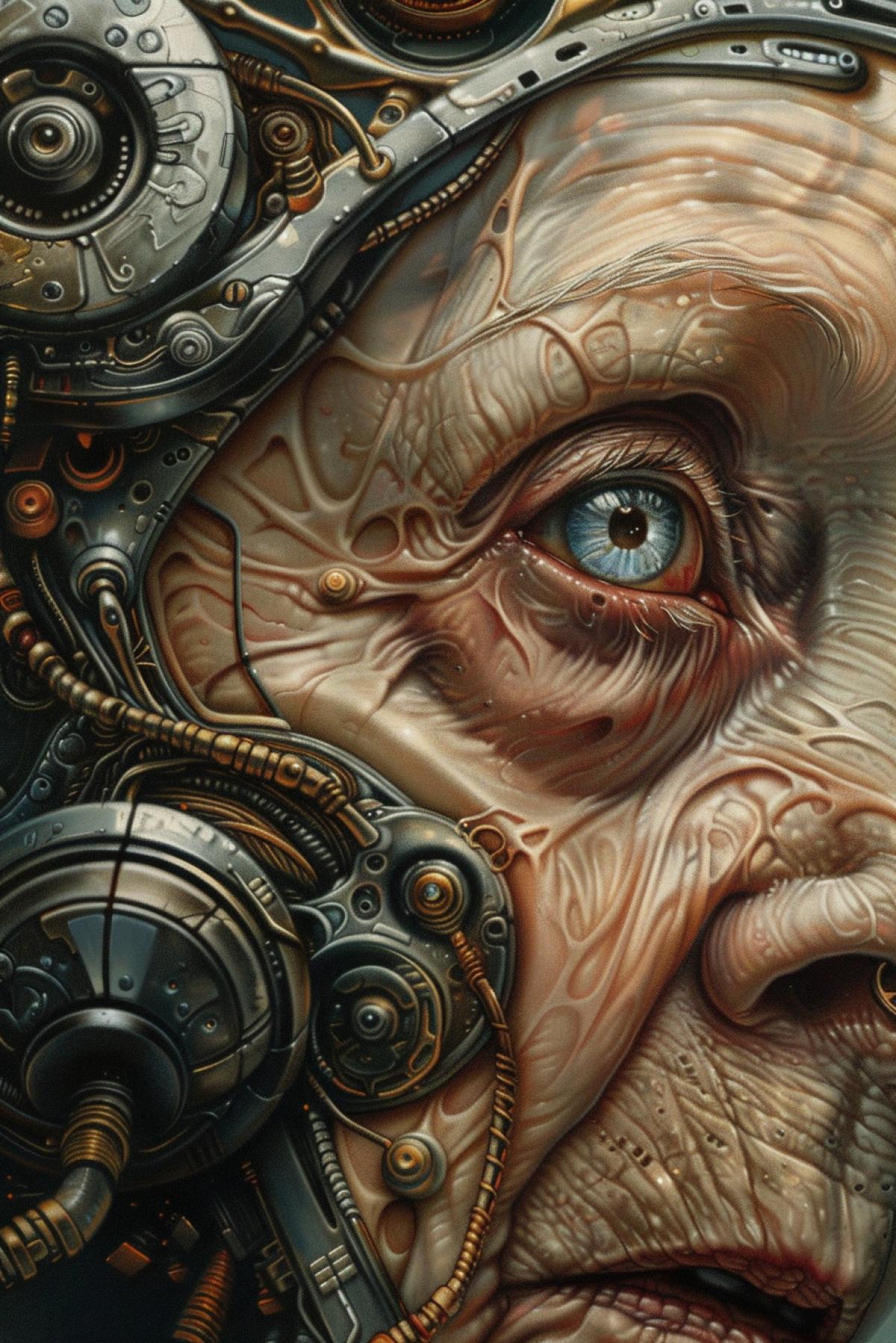 Surreal trippy psychedelic Full color, Up close, extreme macro, dead eyes, oldest elderly weathered female cyborg, droid, robot on mars by artgerm, Milo manara, Norman Rockwell and mcbess