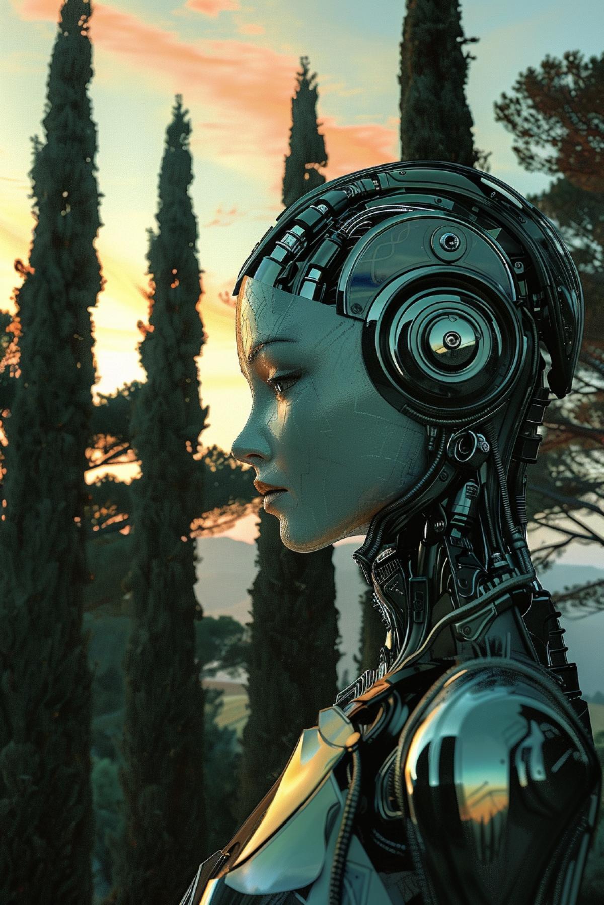 stunning retrofuturistic cyborg goddess, artwork by Pierre Cardin and Bert Stern, vector illustration at sunset, cypress trees, mixed medium, soft backlight, photorealism