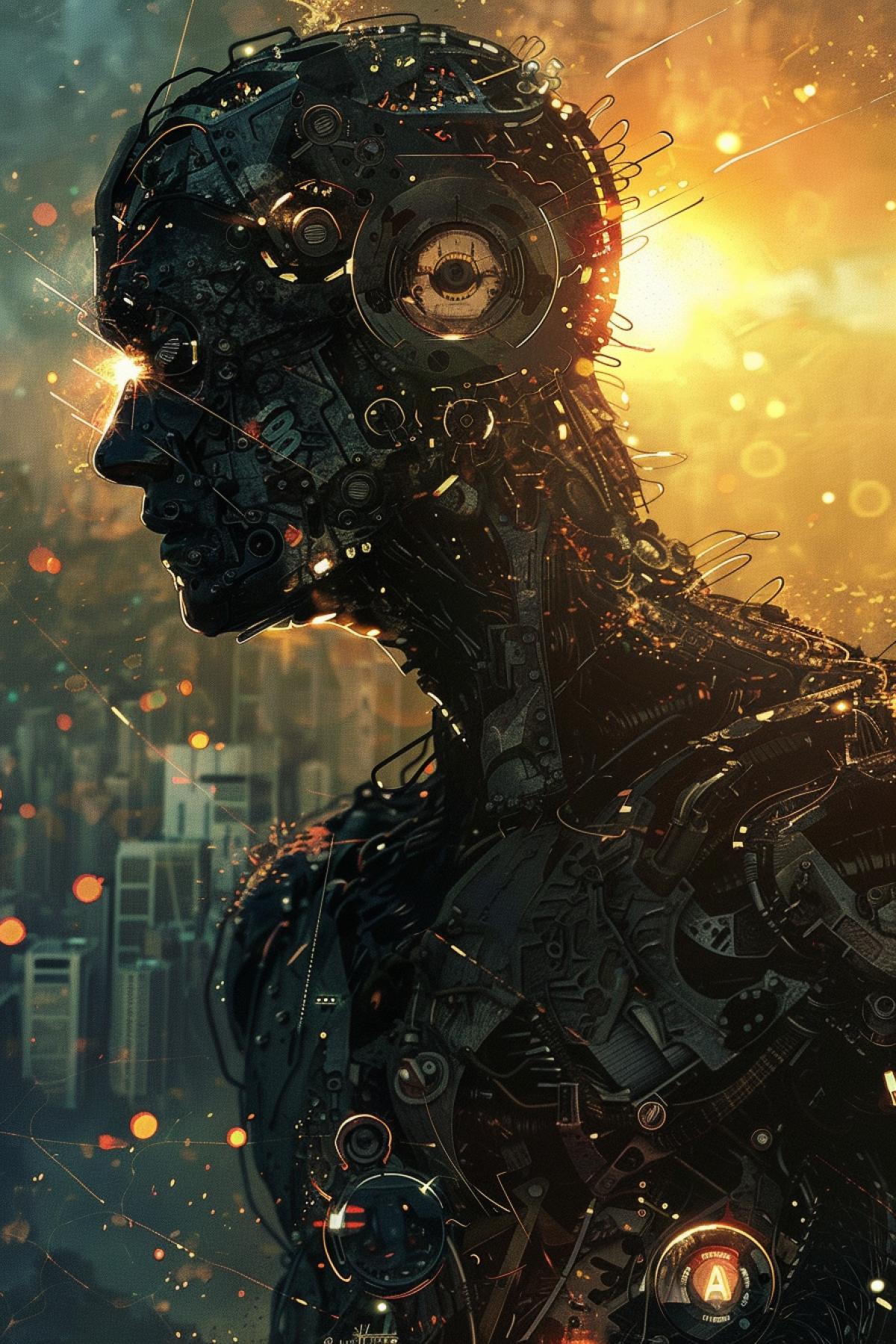 robot man, Cyborgs and biomechanics, futurism, the end of the world. The sun is shining, dystopia, rich colors