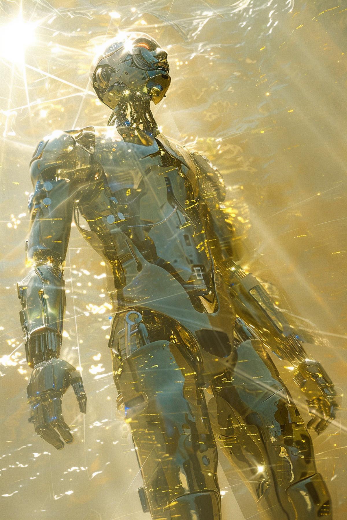 robot man, Cyborgs and biomechanics, futurism, the end of the world. The sun is shining, dystopia, glossy, good quality