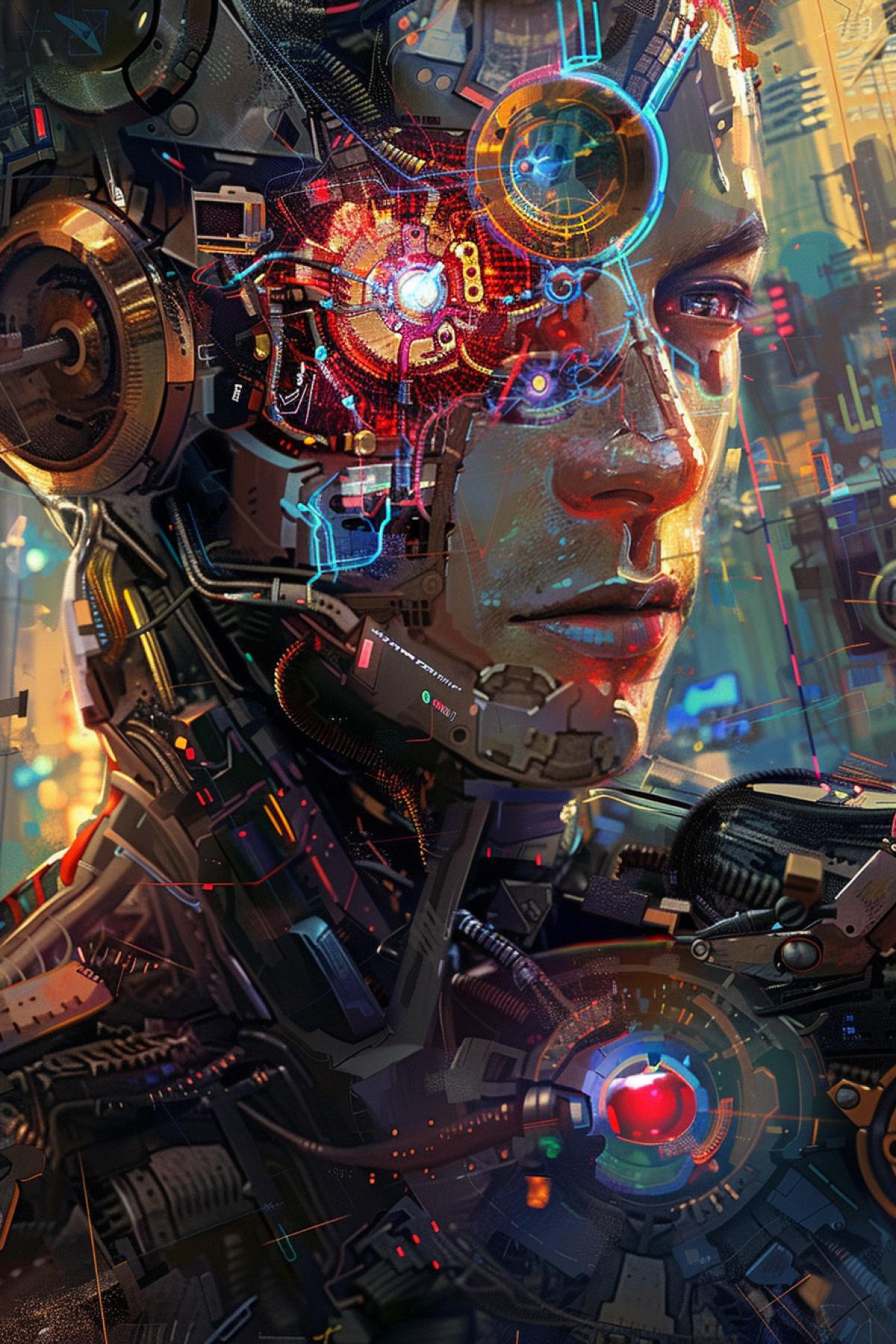 a man with a mechanical heart, Cyborgs and biomechanics, futurism, robot man, Gothic style, bright and rich colors., Gloss, good quality
