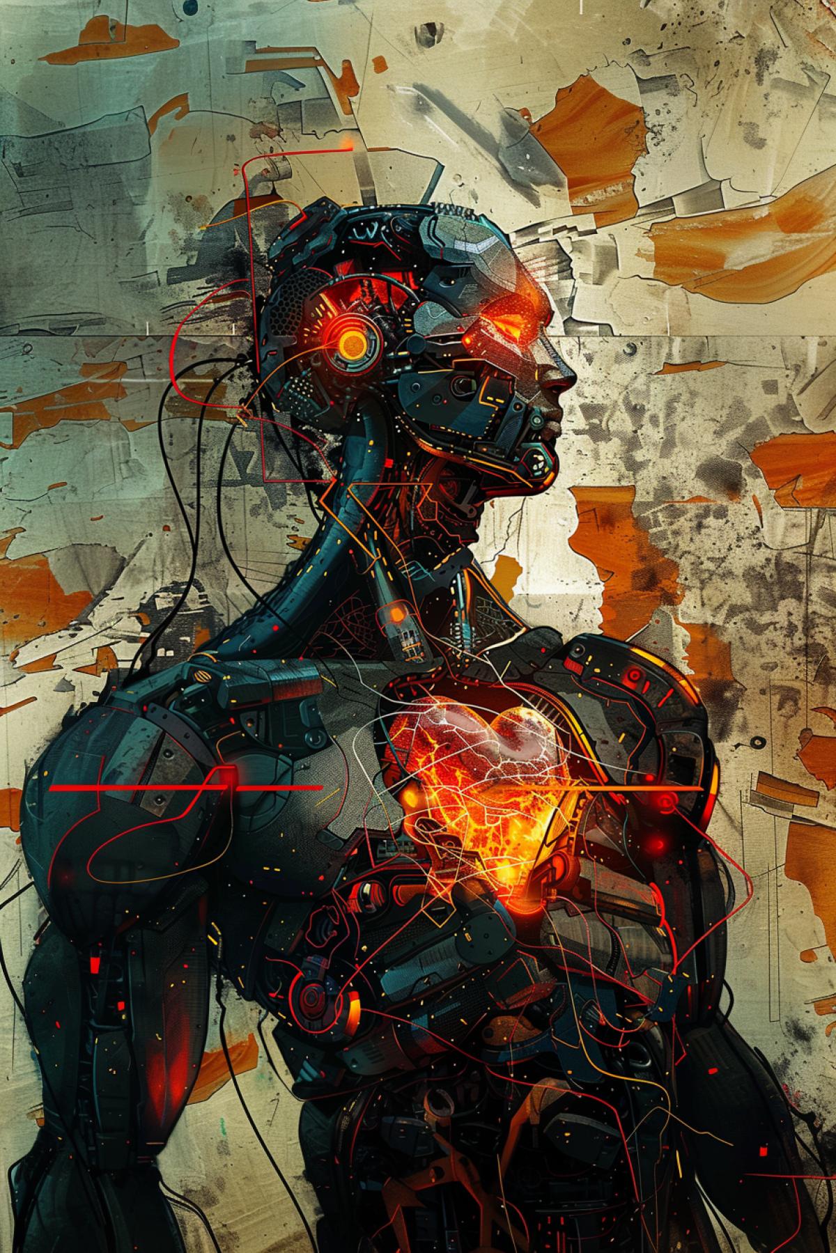 man with a mechanical heart, Cyborgs and biomechanics, futurism, robot man, Gothic style, bright and rich colors