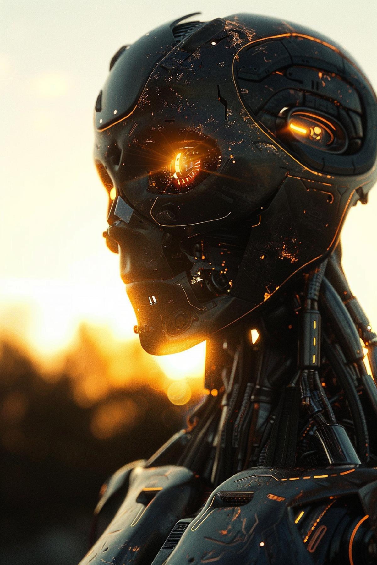 robot man, Cyborgs and biomechanics, futurism, the end of the world. The sun is shining, dystopia, glossy, good quality