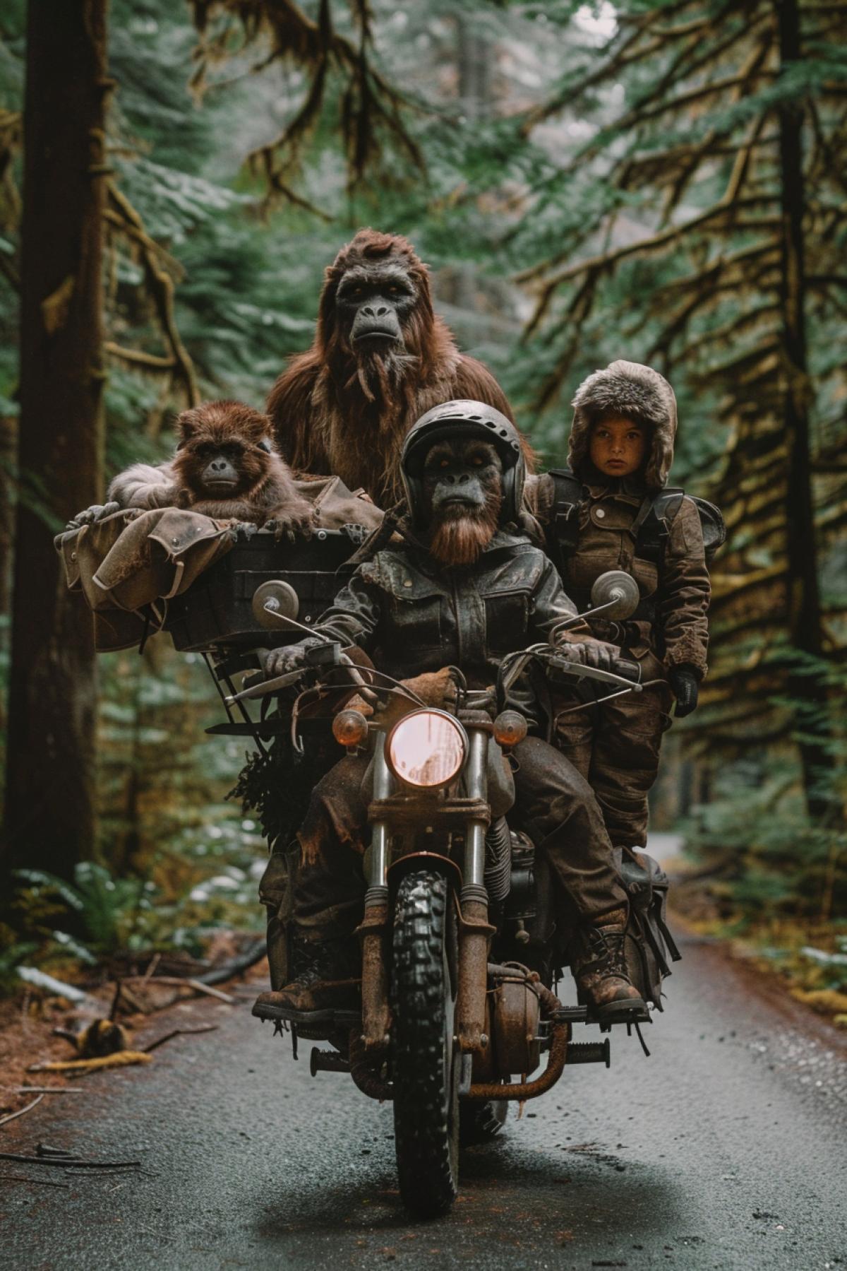 Bigfoot with his family on a motorcycle with a cradle rides along a forest road