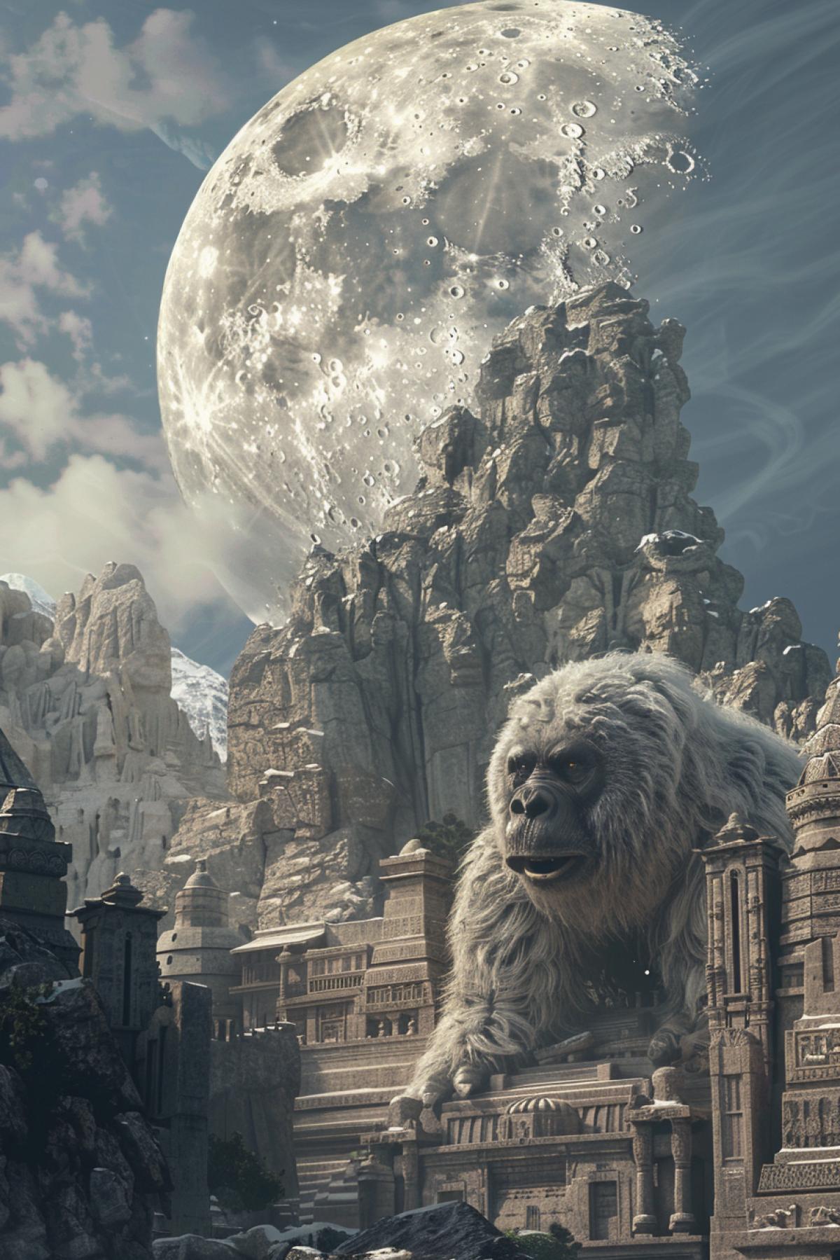 Yeti among ancient ruins, with a huge moon in the background. Highly detailed photographic image