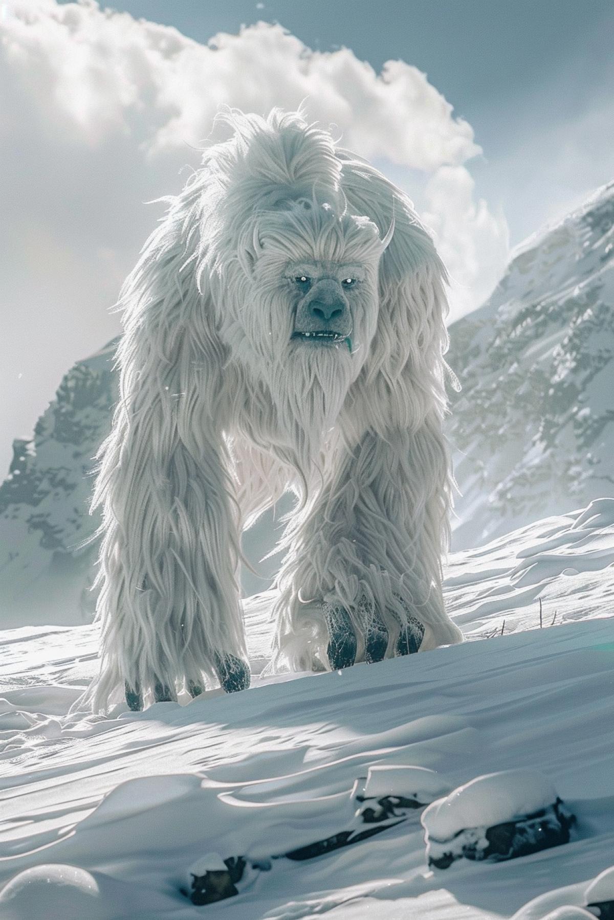 Yeti walking over glacial snow in snow mountain