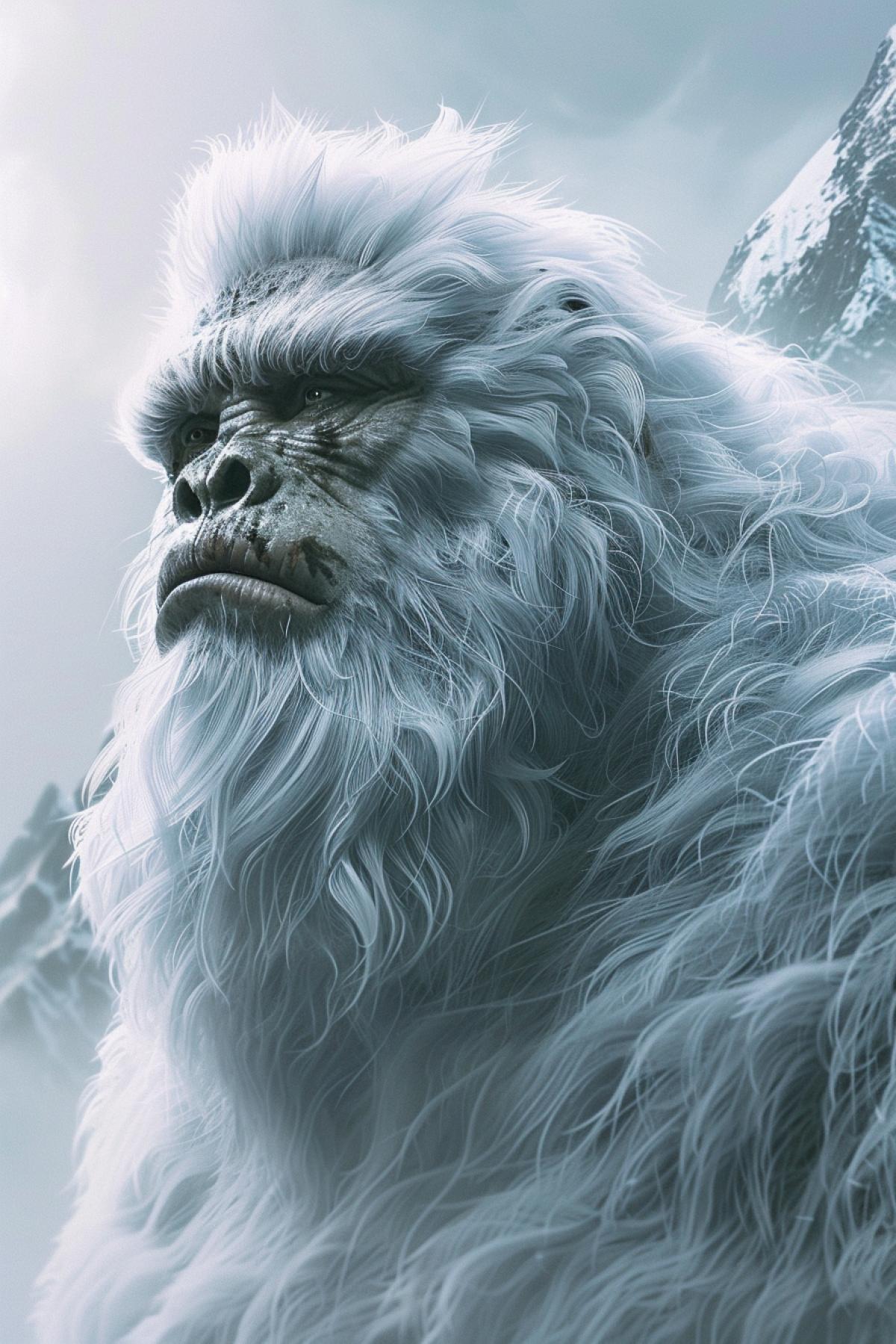 portrait of the legendary Yeti, mix between a Neanderthal man and a big white ice ape, mont everest, himalaya, windy, foggy, surreal, epic lighting, by Jean-Baptiste Monge, photorealistic, anthropomorphic, sharp, intricate details, 8k