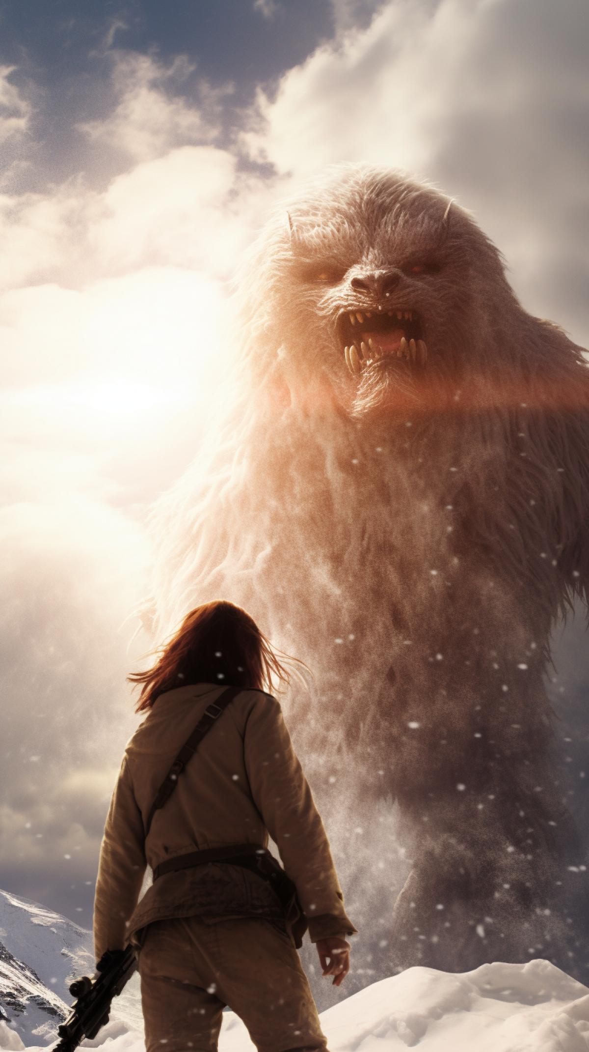 A snow-covered mountain, on the top of which a huge furry monster jumps on a woman with a gun, snow and shots, rays of the sun, photograph