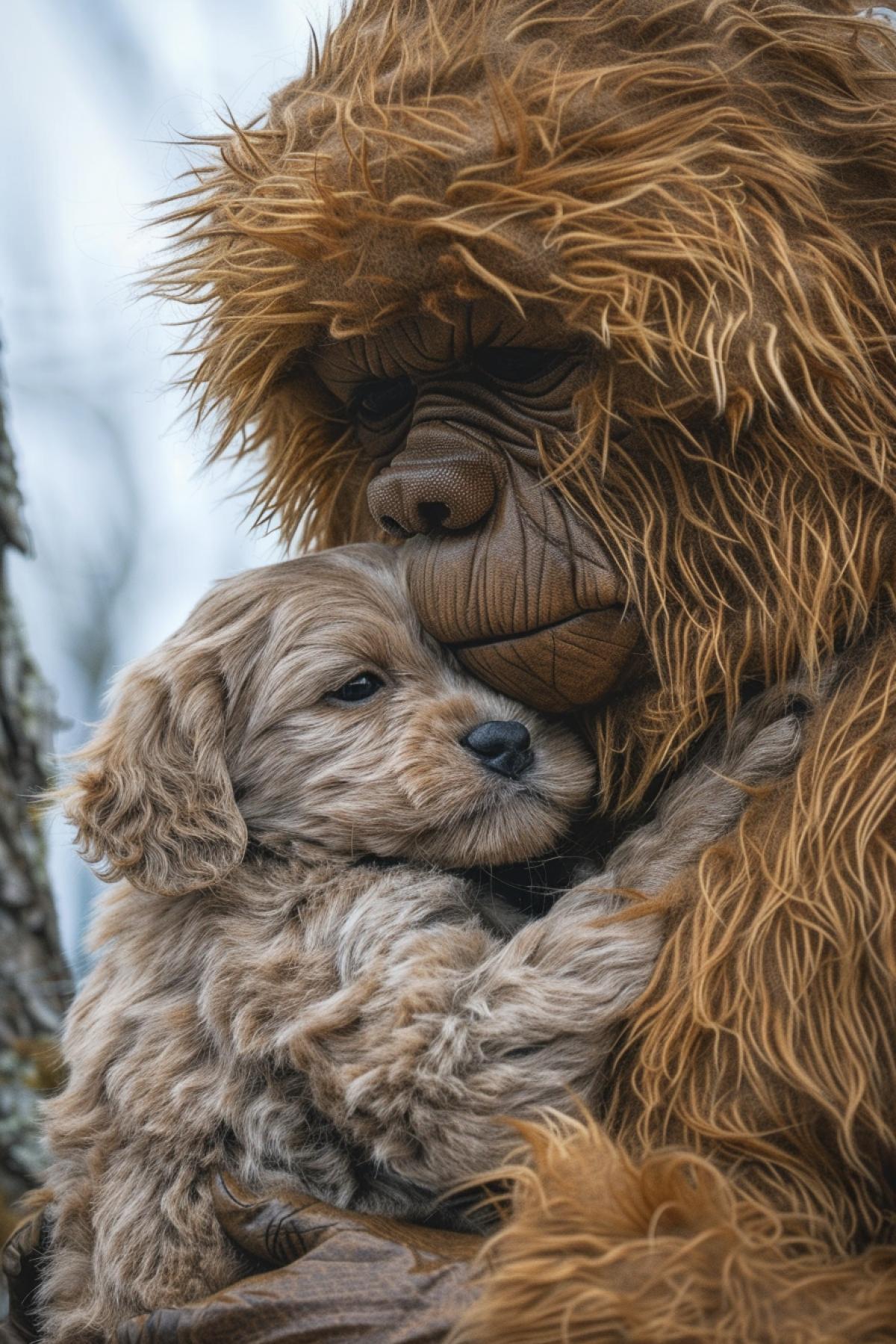 Bigfoot, yeti, bigfoot affectionately holding cute puppy