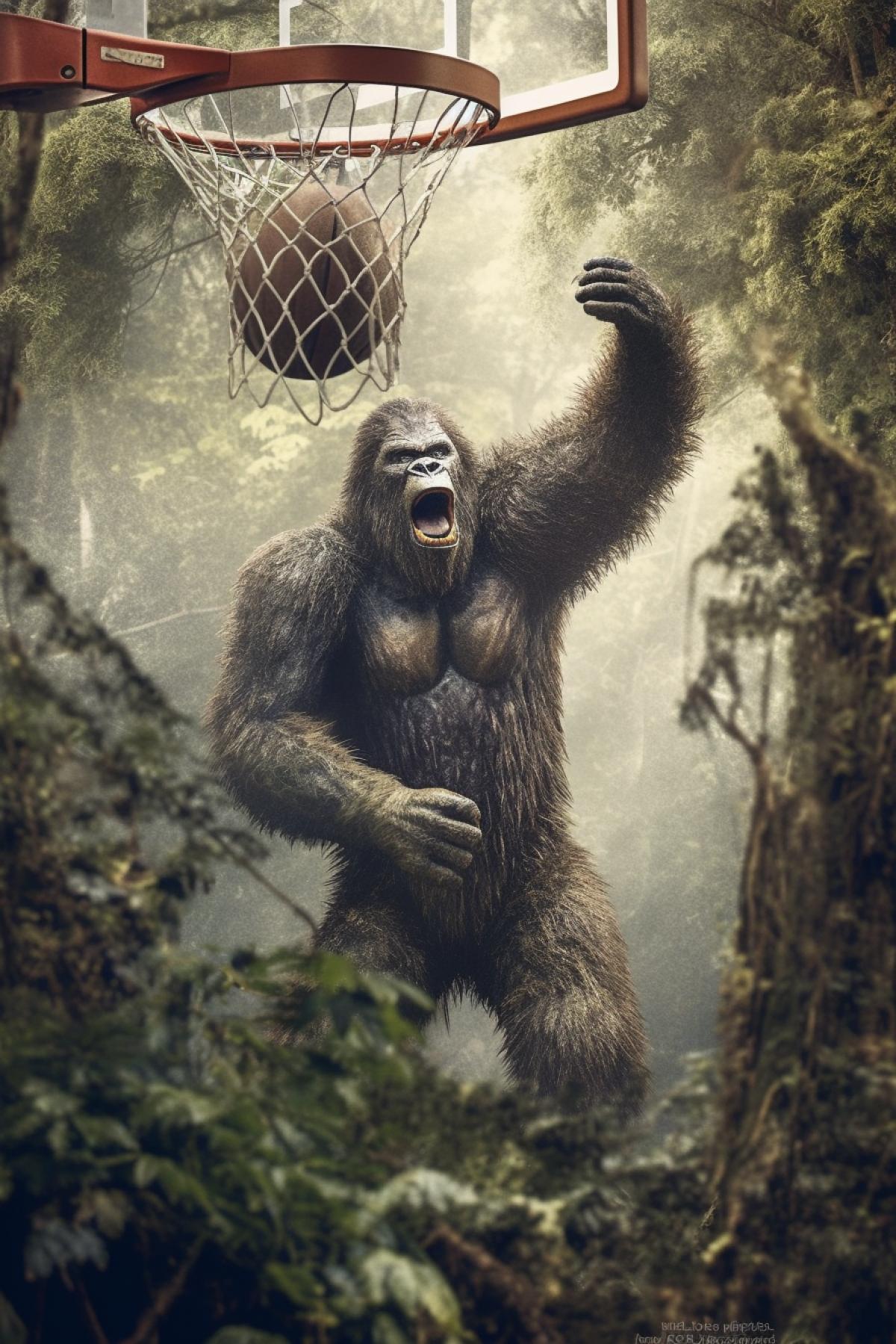 Bigfoot throws a ball into a hoop