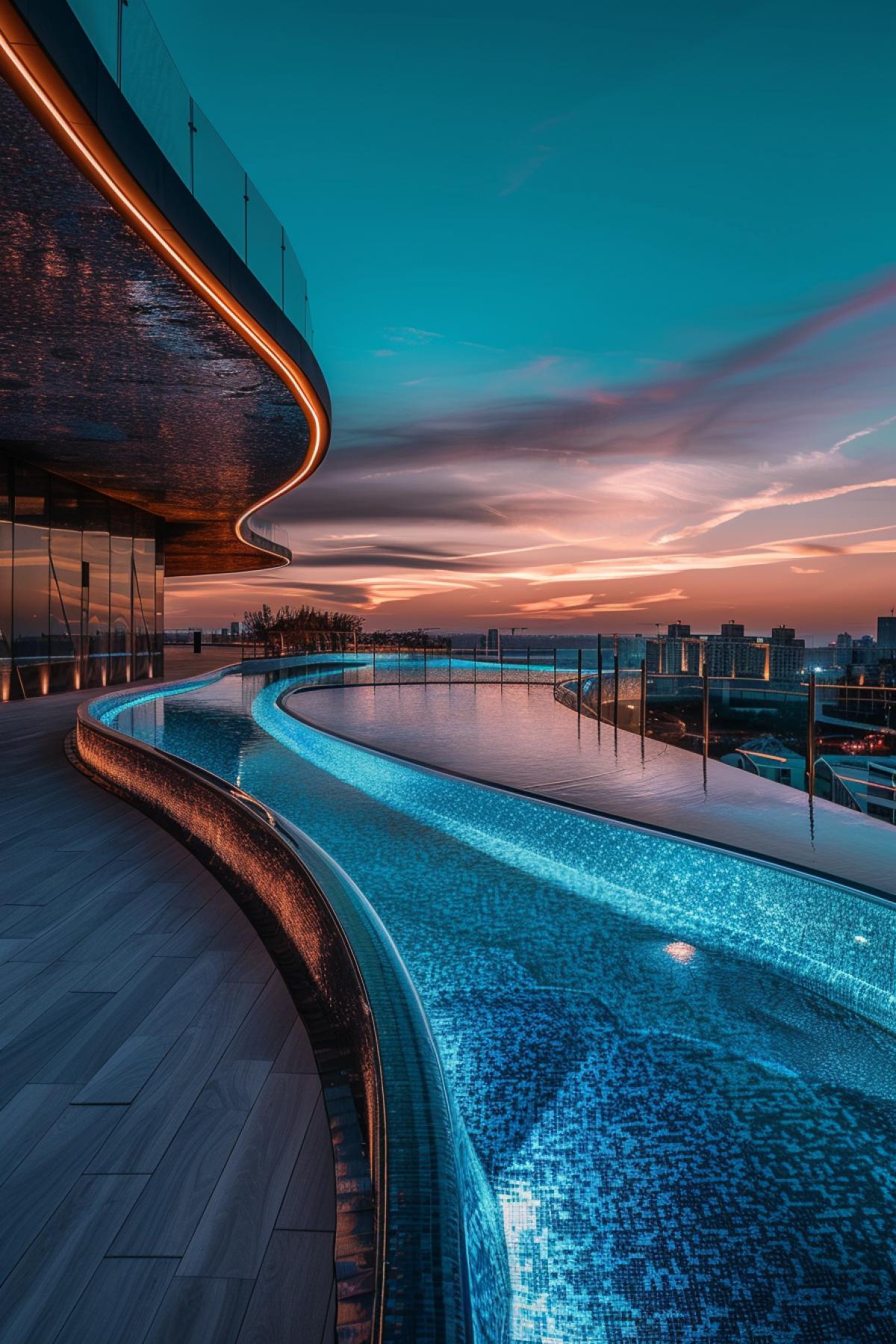 Futuristic swimming pool up in the sky over the city twilight meeting lighting general view architectural photo