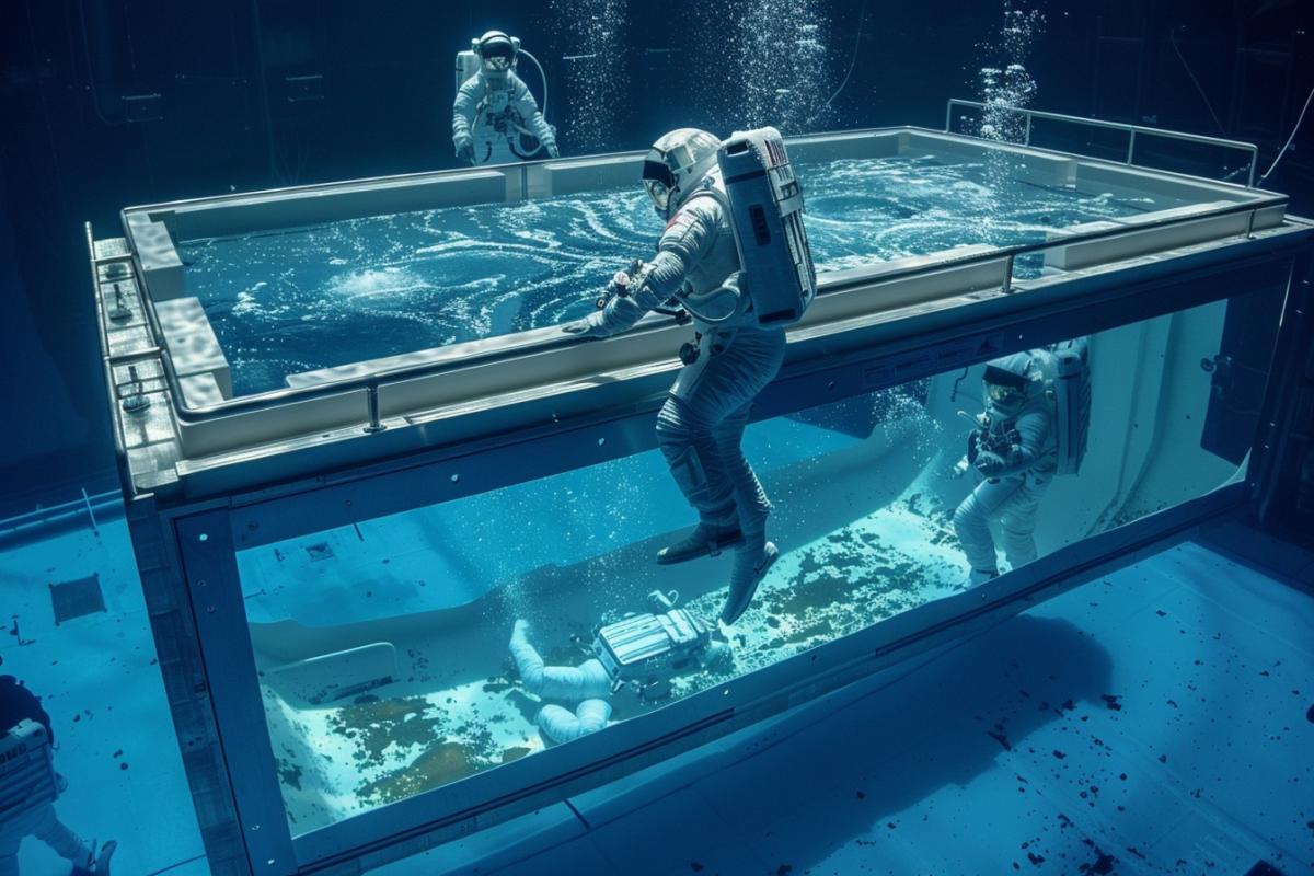 Endless Pool in outer space, astronauts nearby
