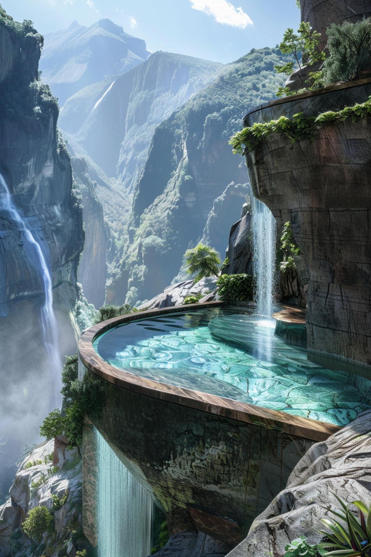 Swimming pool on the mountainside with a waterfall with cosmic views