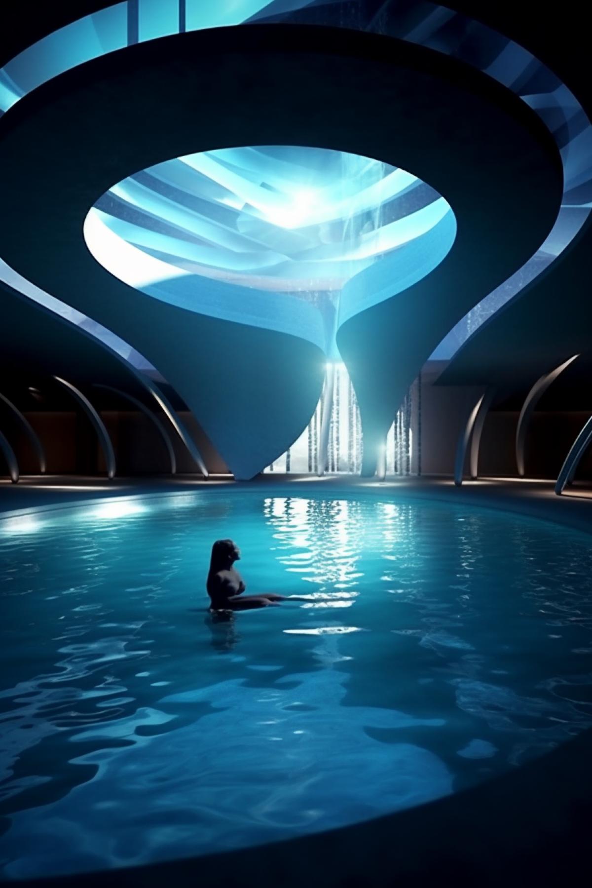 Swimming pool of unusual shape, pool of the future, heated, concept, design