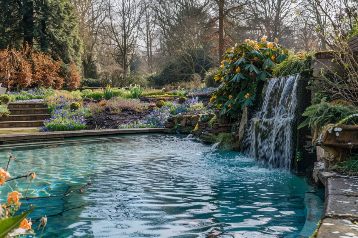 swimming pool with a fountain and waterfall in a winter flowering garden