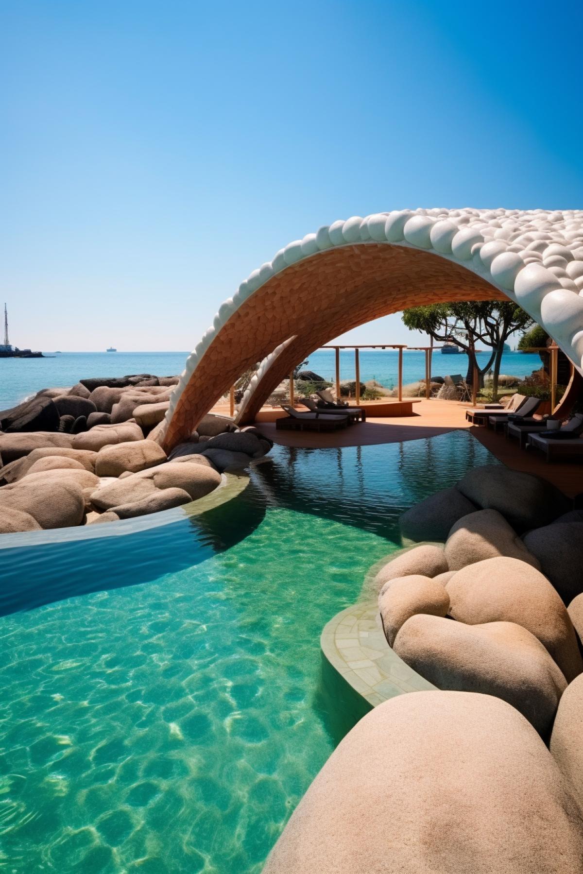 Swimming pool on the beach with a huge organically shaped stone canopy