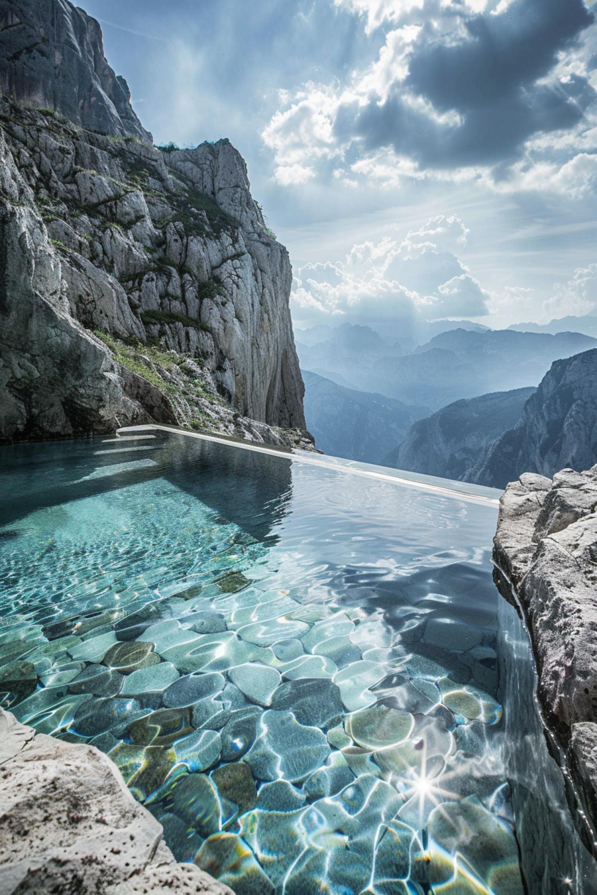 Swimming pool on a rock, mountain hotel, water, shimmering, clean air,