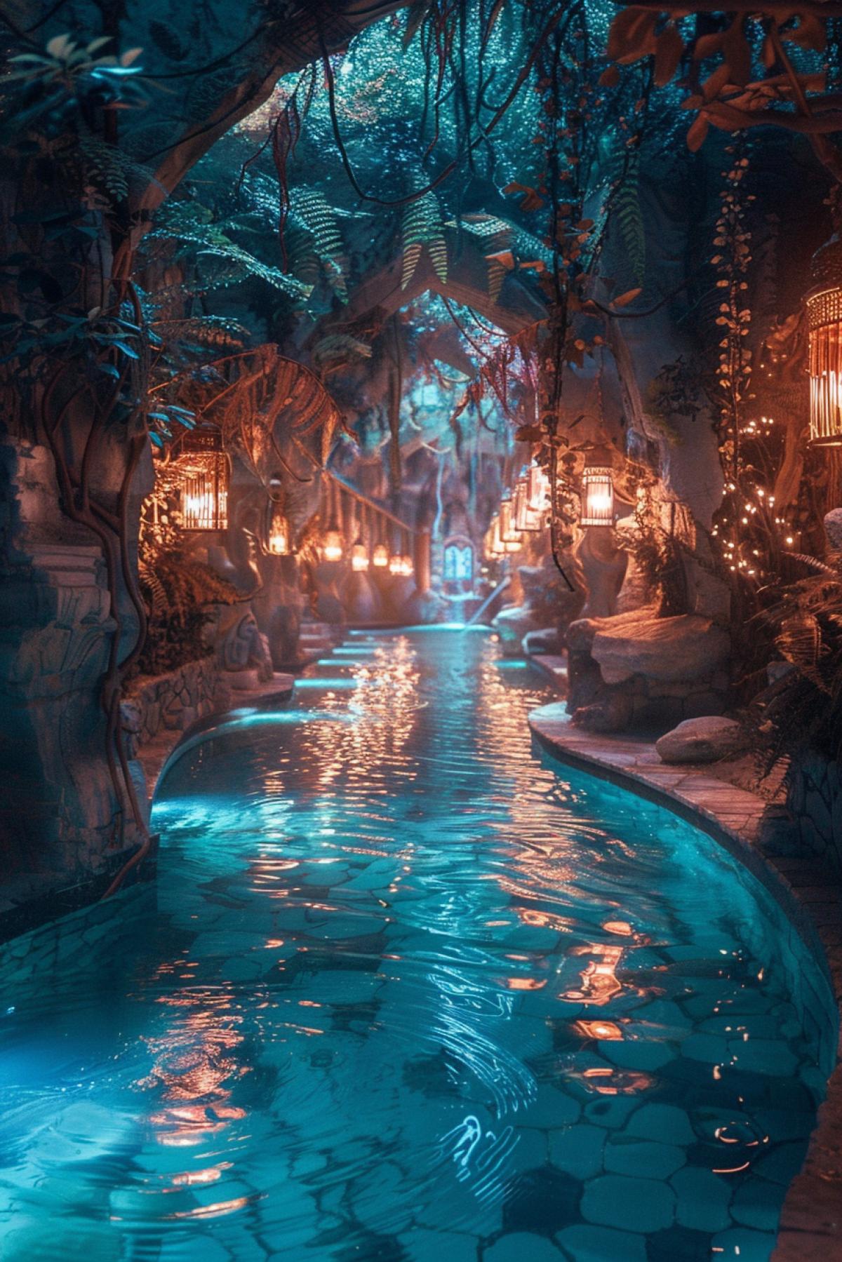 Glass pool, lighting, flickering, beautiful landscape, fairy-tale world