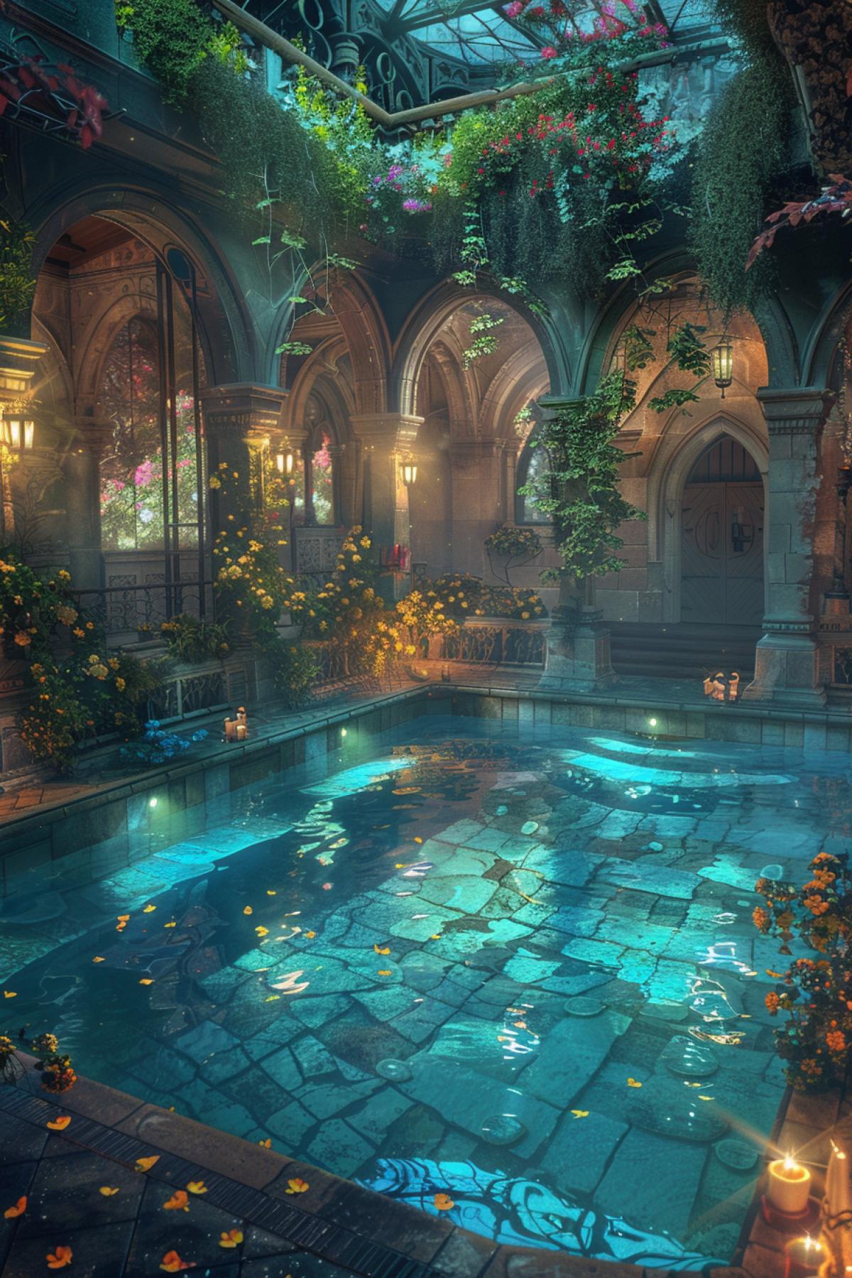 Glass pool, lighting, flickering, beautiful landscape, fairy-tale world
