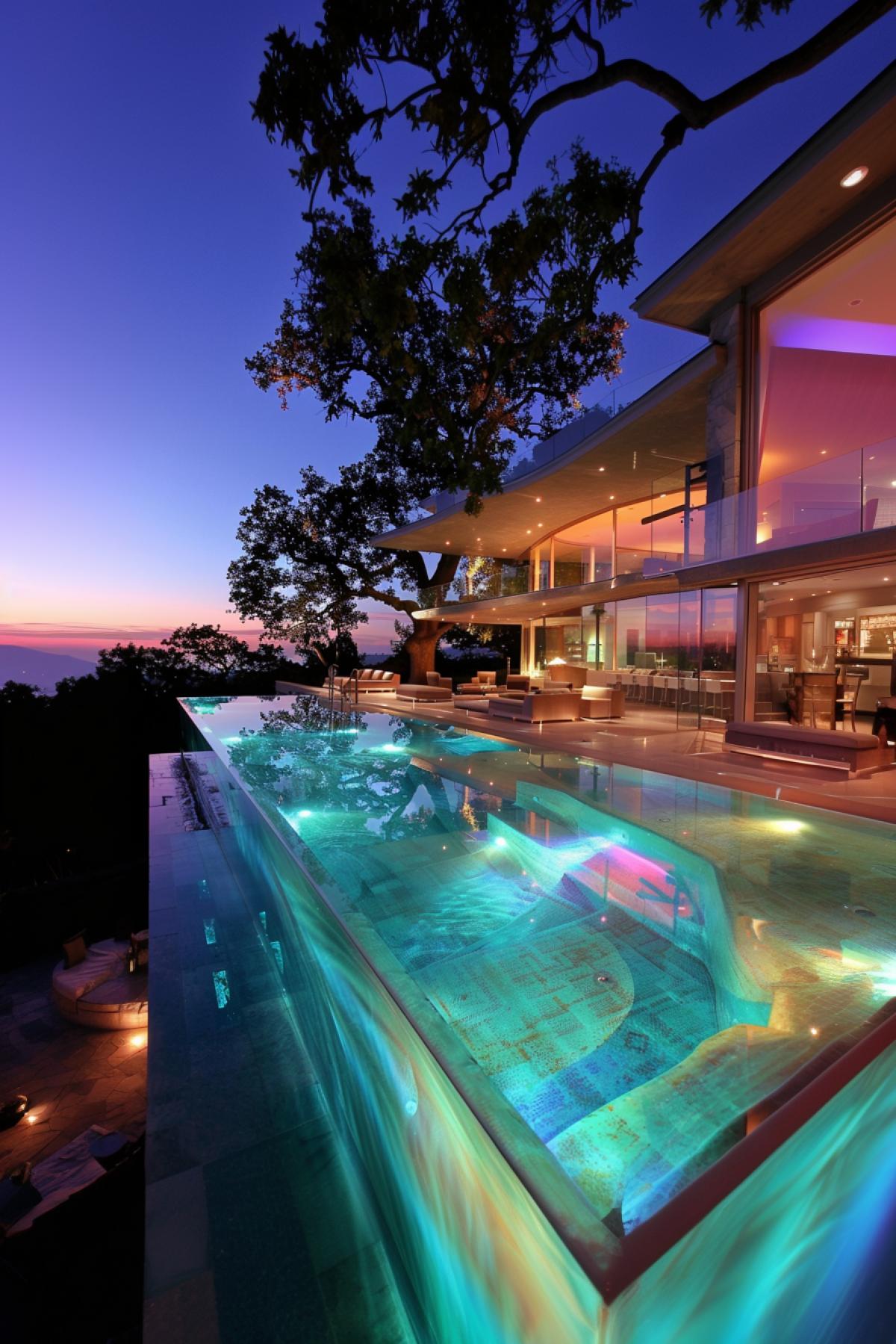 unusual pool, glass pool, space, lighting, flickering