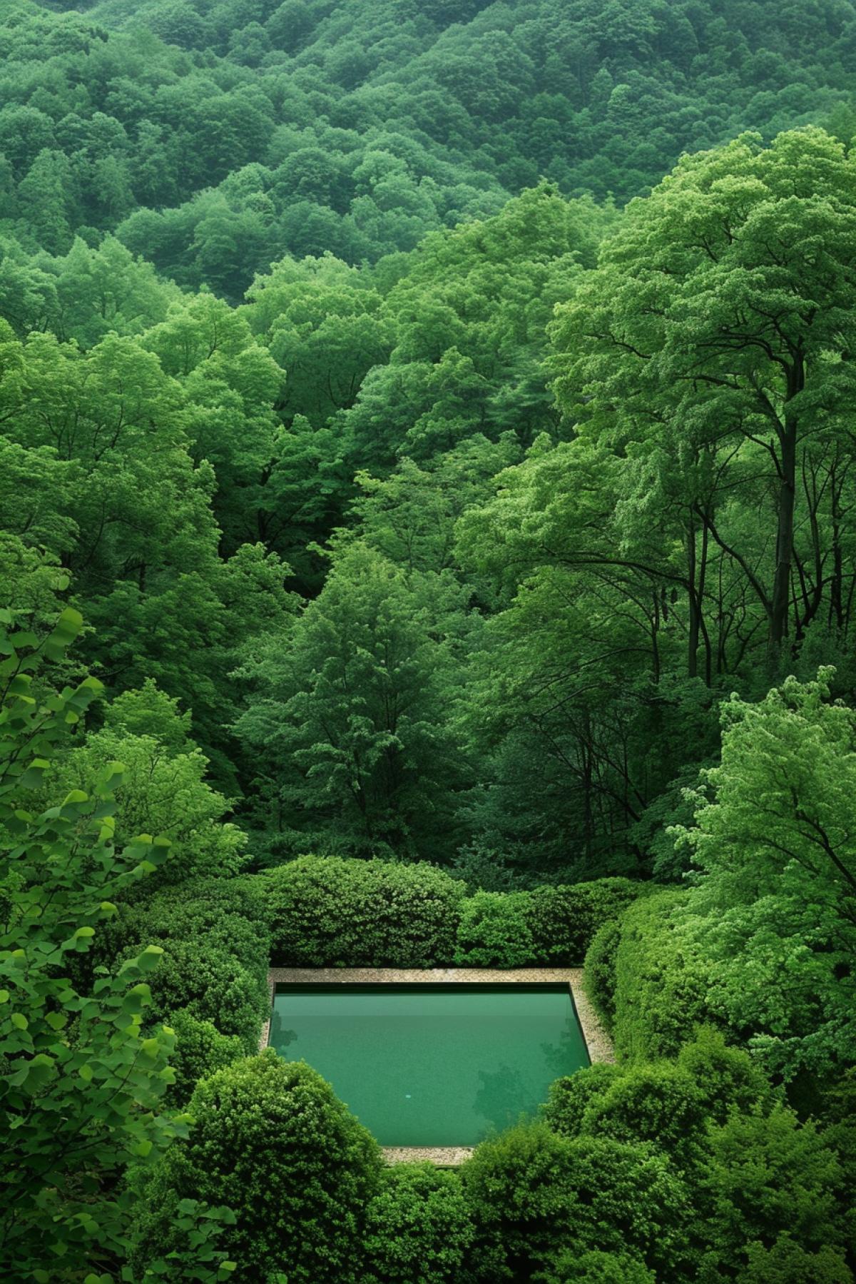 Beautiful modern swimming pool in the thickest thicket of a dense ancient forest, aerial, professional photography
