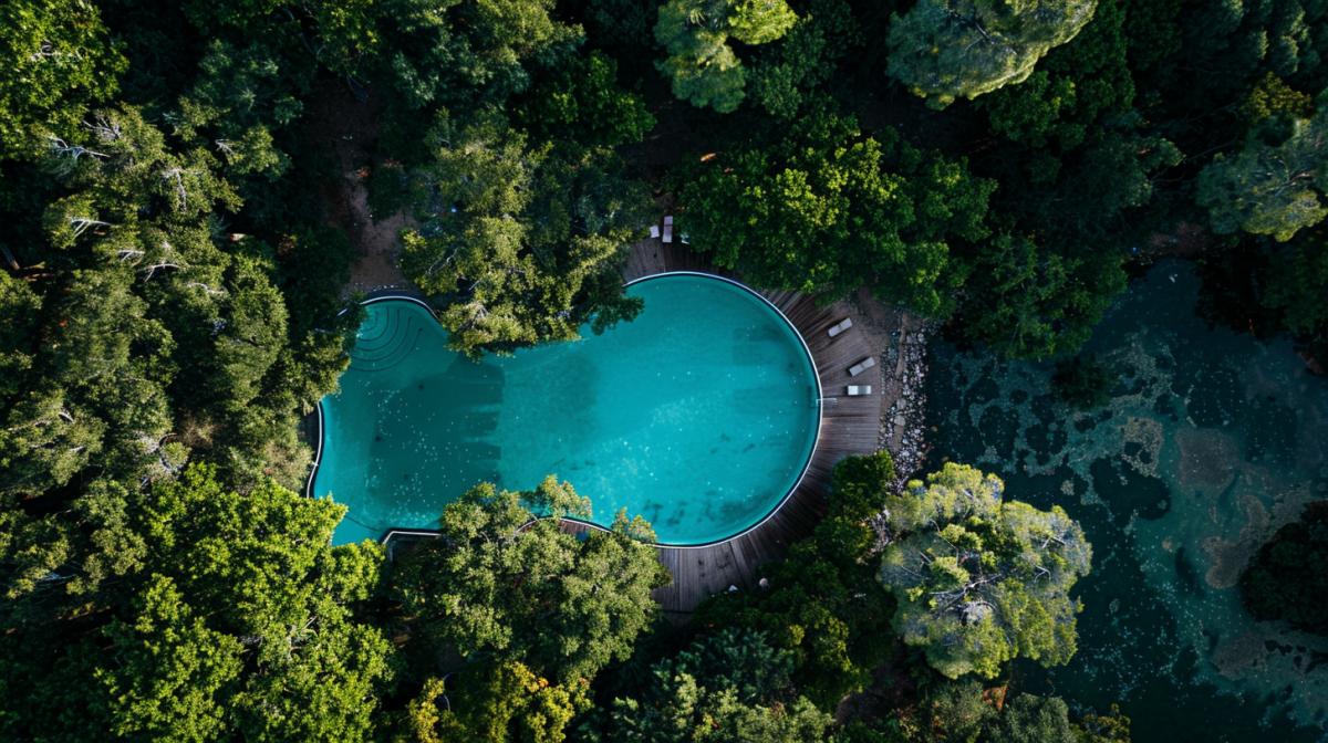 Beautiful modern swimming pool in the thickest thicket of a dense ancient forest, aerial, professional photography