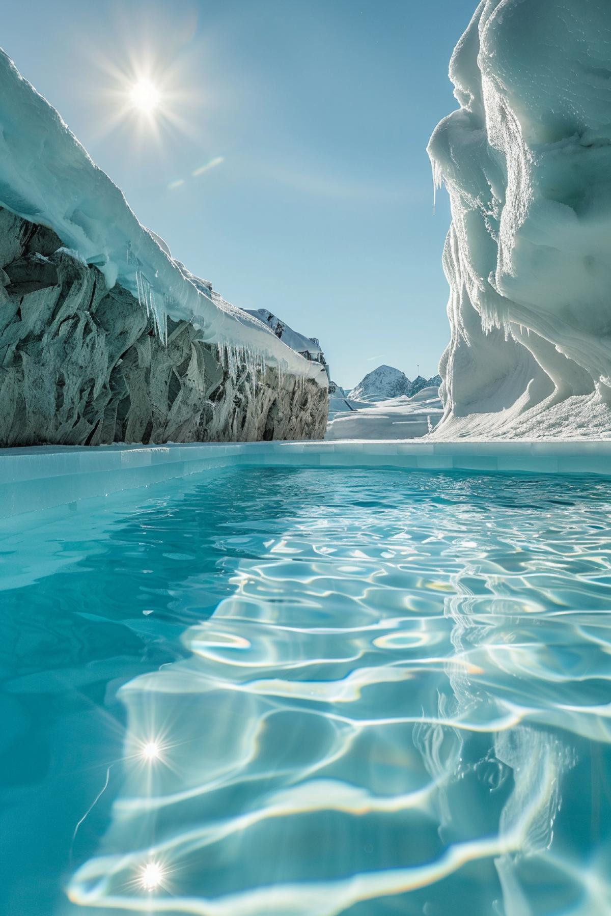 Swimming pool with blue water in an incredible ice hotel with walls of transparent ice sparkling in the sun
