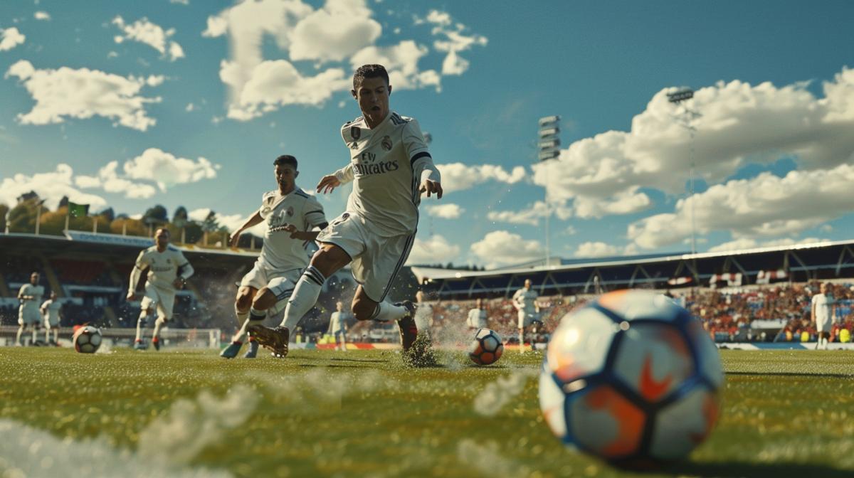 Captivating snapshot from a sports spectacle: SOCCER, Spain Primera Division: Real Madrid vs Getafe. This image is ultra-realistic, capturing the essence with photorealistic precision, and presented in the dynamic style synonymous with sports news media