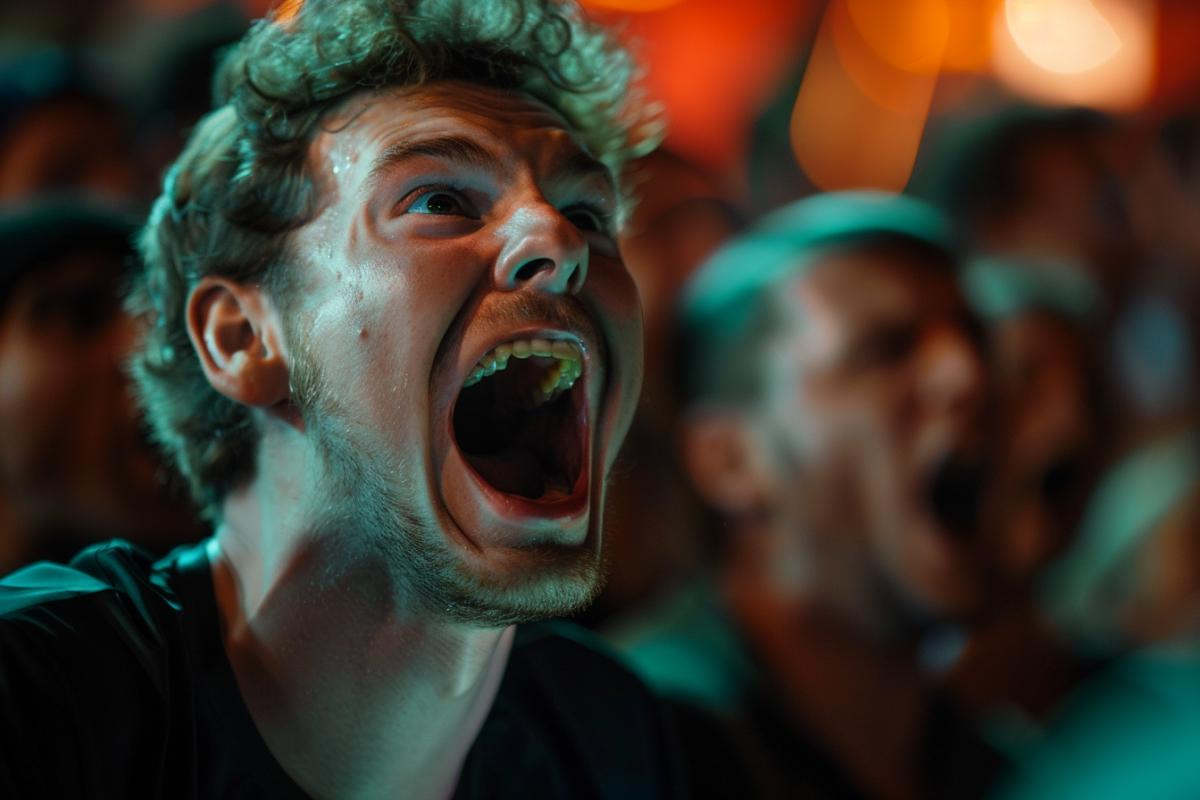 Football fans screaming at a match during a scoring chance