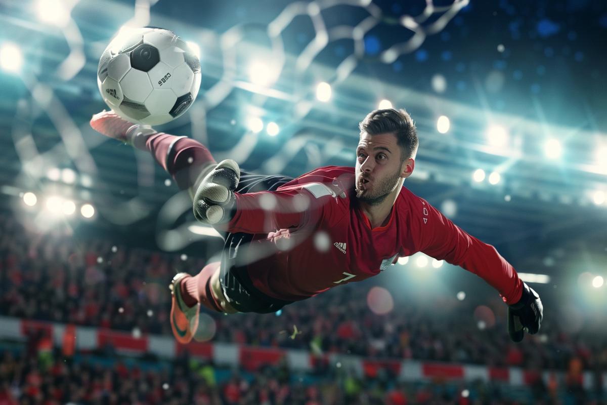 The goalkeeper in a daring jump catches the ball against the backdrop of fans