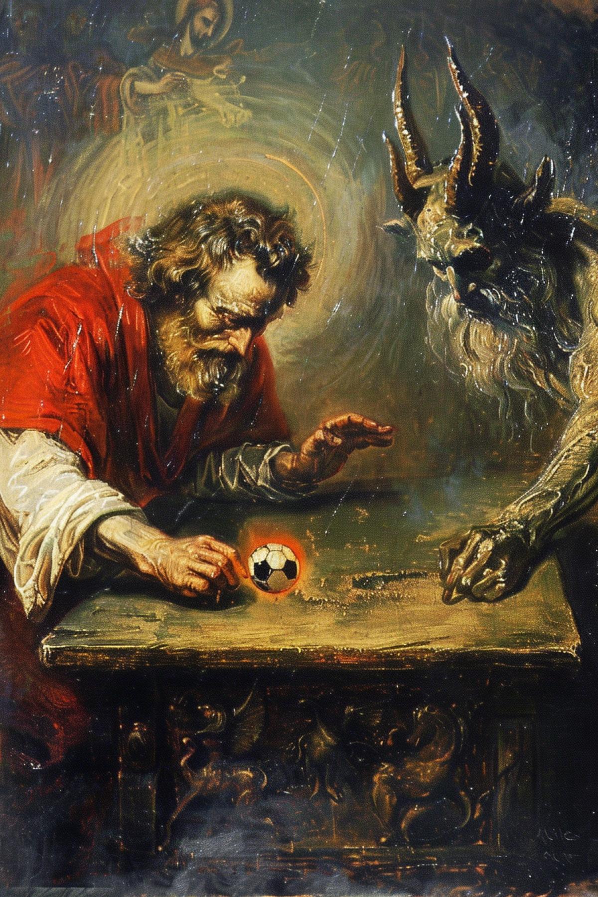 The God Almighty playing table football game against the satan mystical art oil canvas