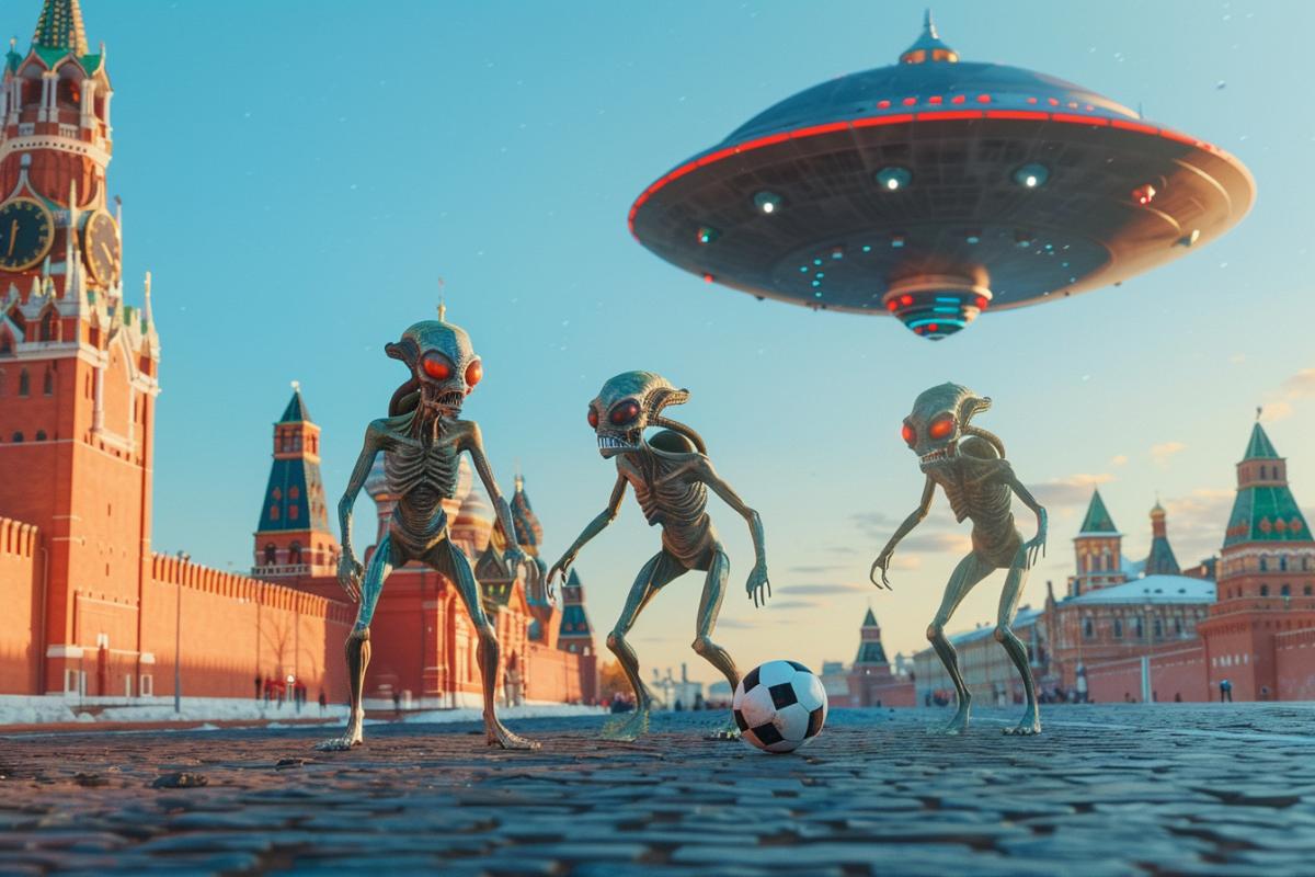 Aliens play football on a deserted Red Square in Moscow, with a flying saucer in the background, humor, dynamic, photorealism