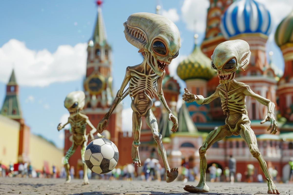 Aliens playing football on Red Square in Moscow, humor, photorealism